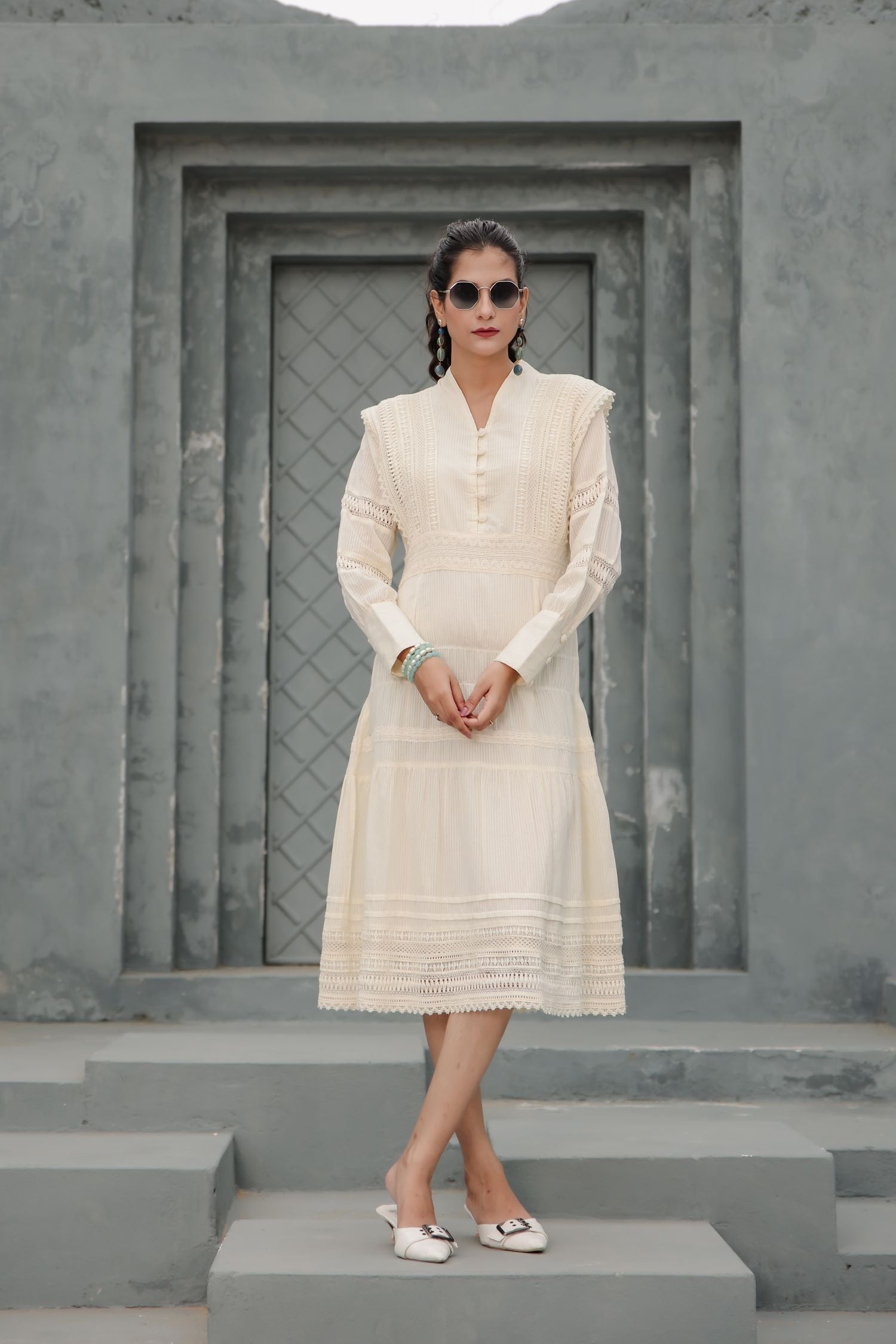 Schiffli Embroidery On Cream Cotton Dress