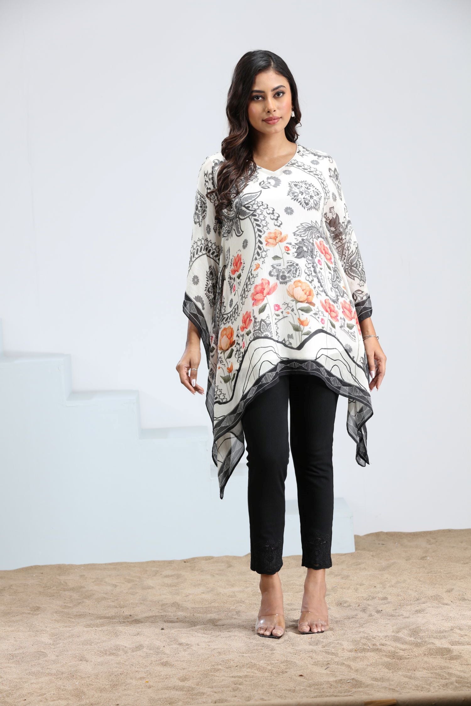 Trendy Cream Short Kaftan With Multicolor Floral Design image 2