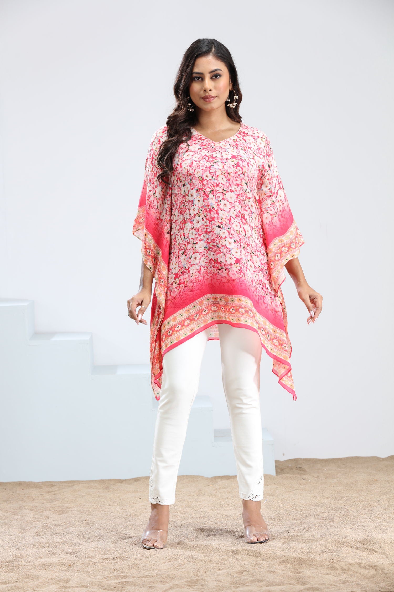 Alluring Pink Floral Short Kaftan image 2