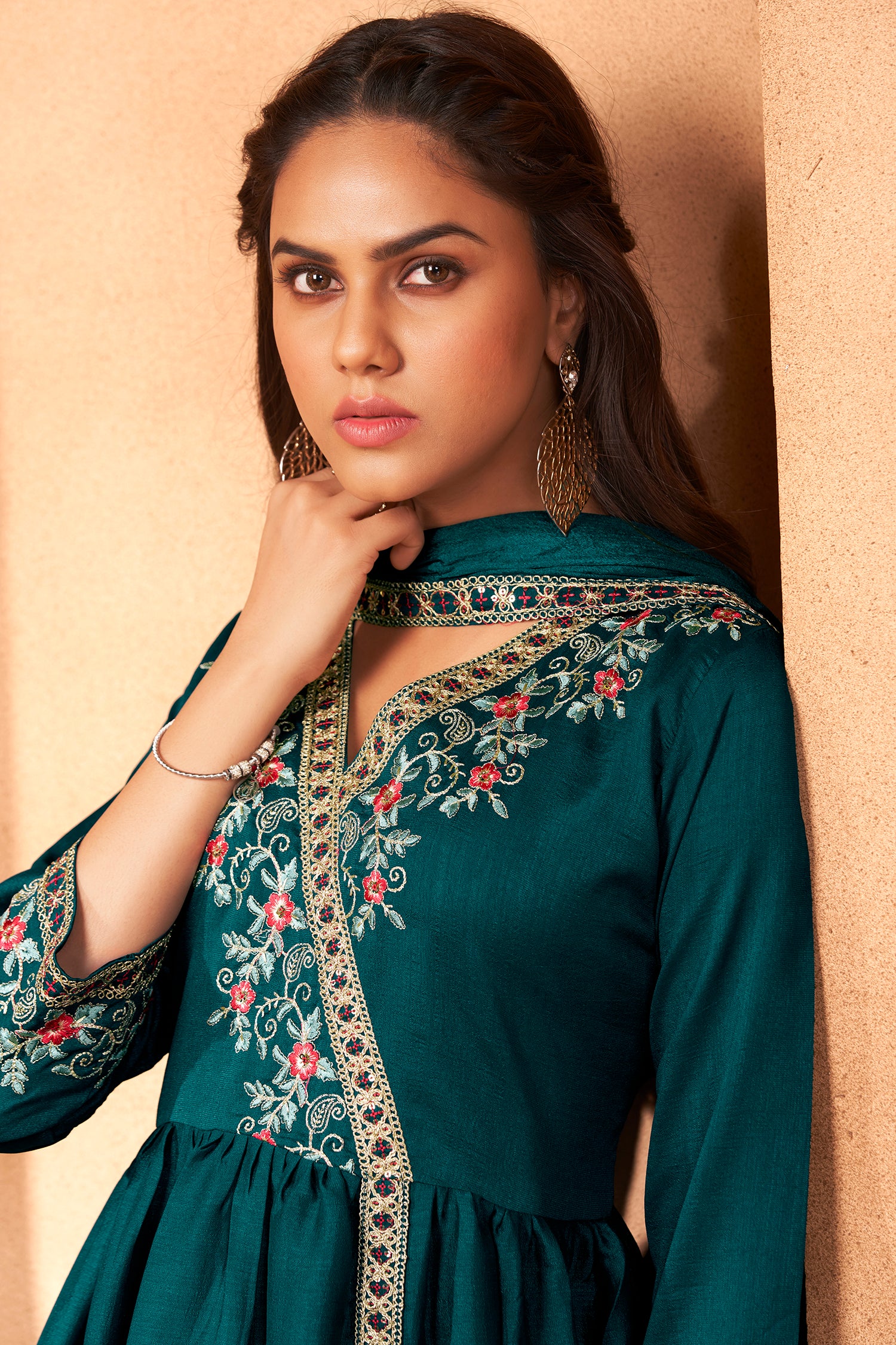 Teal Blue Embroidered Three- Piece Kurta Set In Chinon Fabric image 2