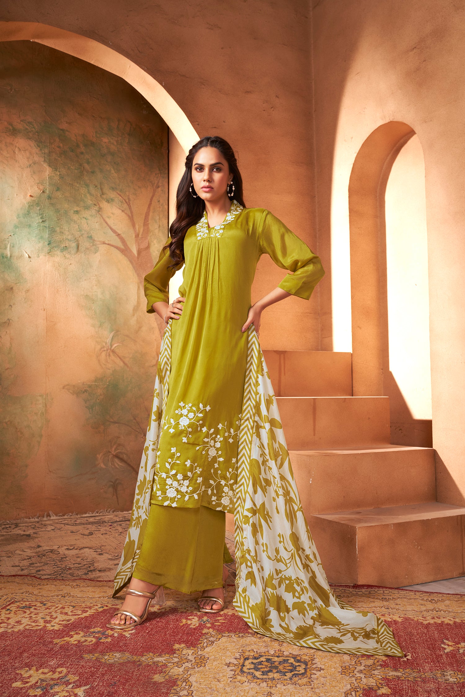Elegant Three-piece Ensemble In Luxe Chinon Fabric With Exquisite Embroidery