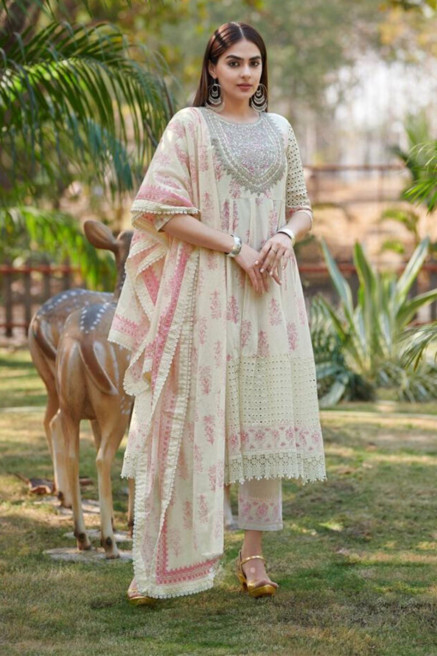 Pure Cotton Floral Printed Panelled Thread Work Anarkali Trio Set-pink