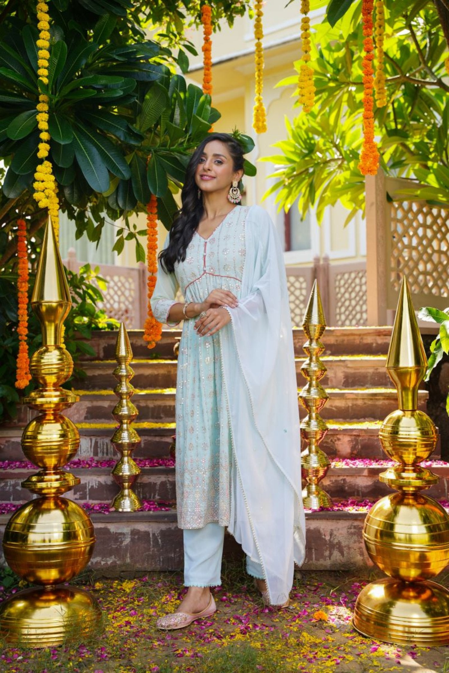 Alia Cut With Mirror Work - Light Green image 2