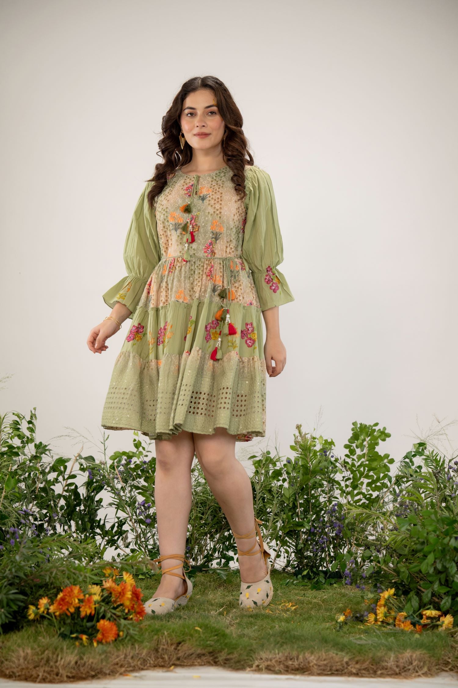 Freyaa Green Cotton Round-neck Tunic Top With Embroidery, Net Design, And Belt