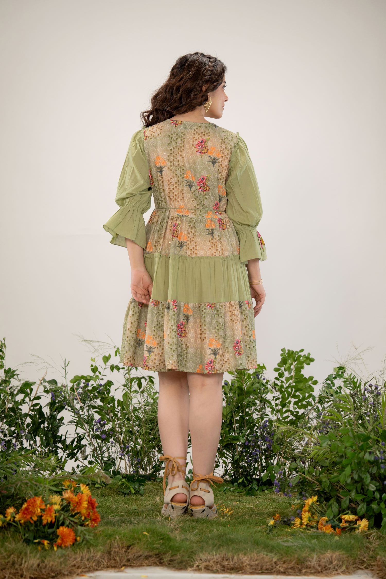 Freyaa Green Cotton Round-neck Tunic Top With Embroidery, Net Design, And Belt image 3