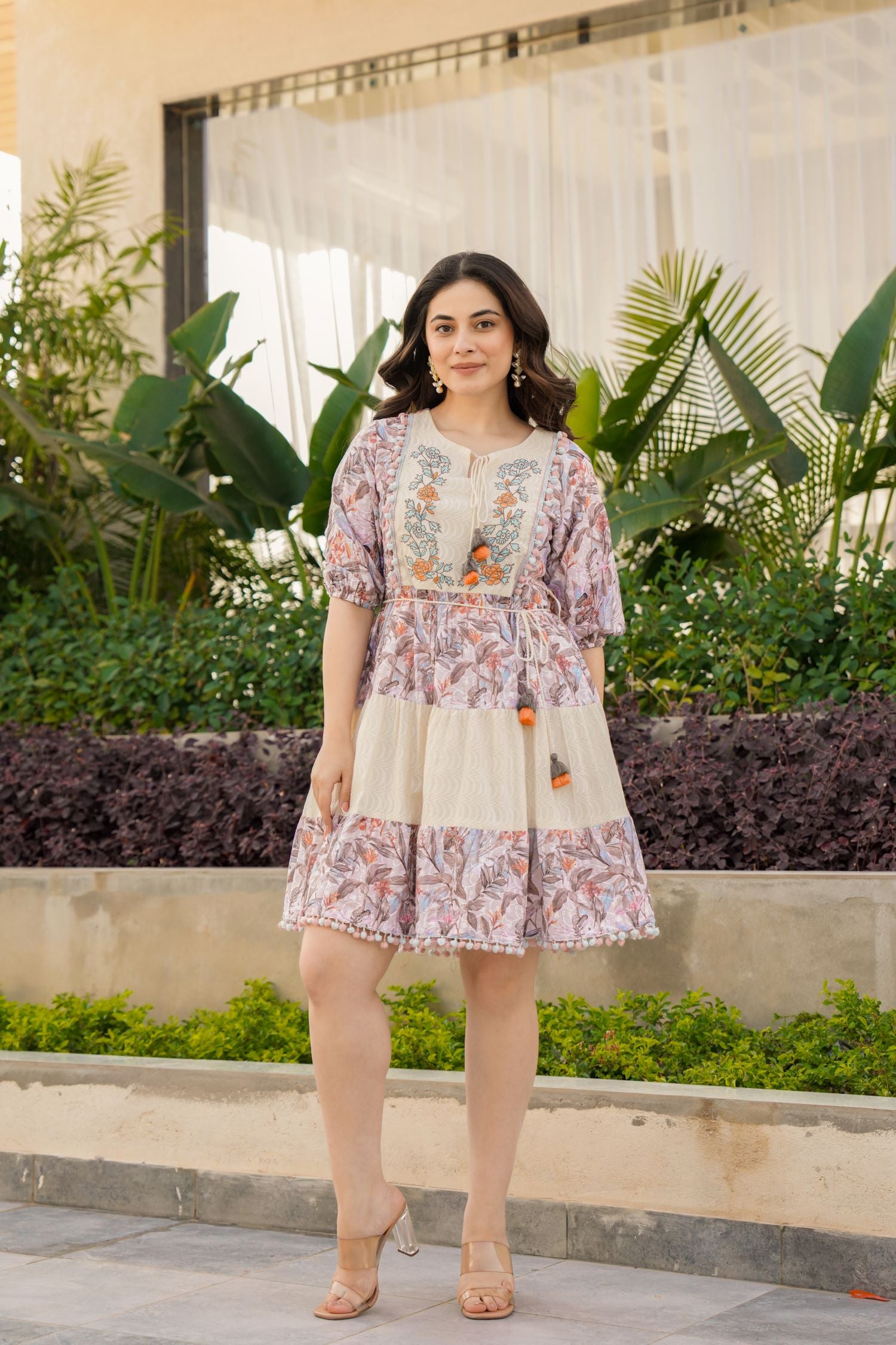 Reyaa Cream Cotton Round-neck Tunic Top With Two-tone Fabric And Floral Design
