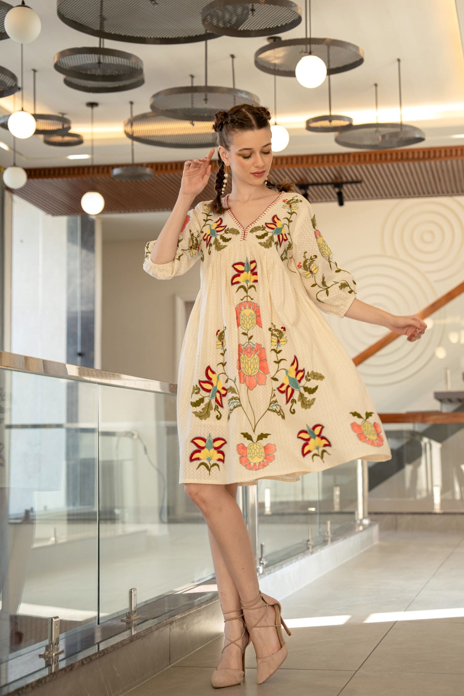 Freyaa Cream Cotton V-neck Tunic Top With Floral Embroidery And Self-design Fabric