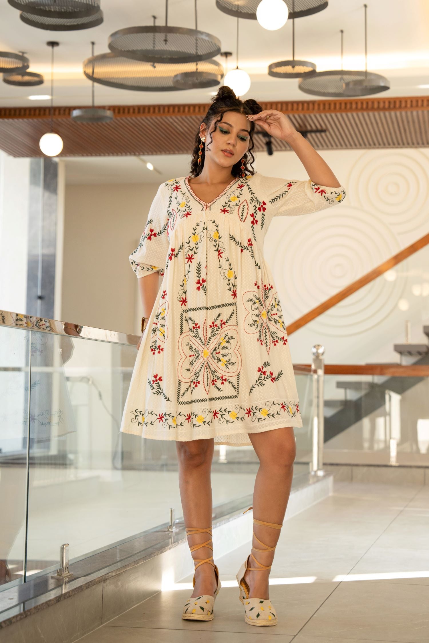 Freyaa Cream Cotton V-neck Tunic Top With Self-design Fabric And Embroidery