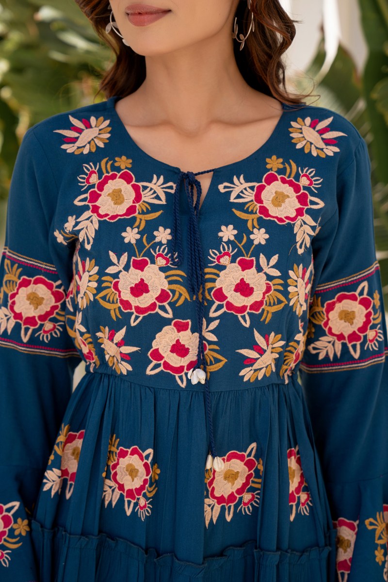 Rocky Glow:teal Blue Bell Sleeves Embroidered Tunic Dress image 3