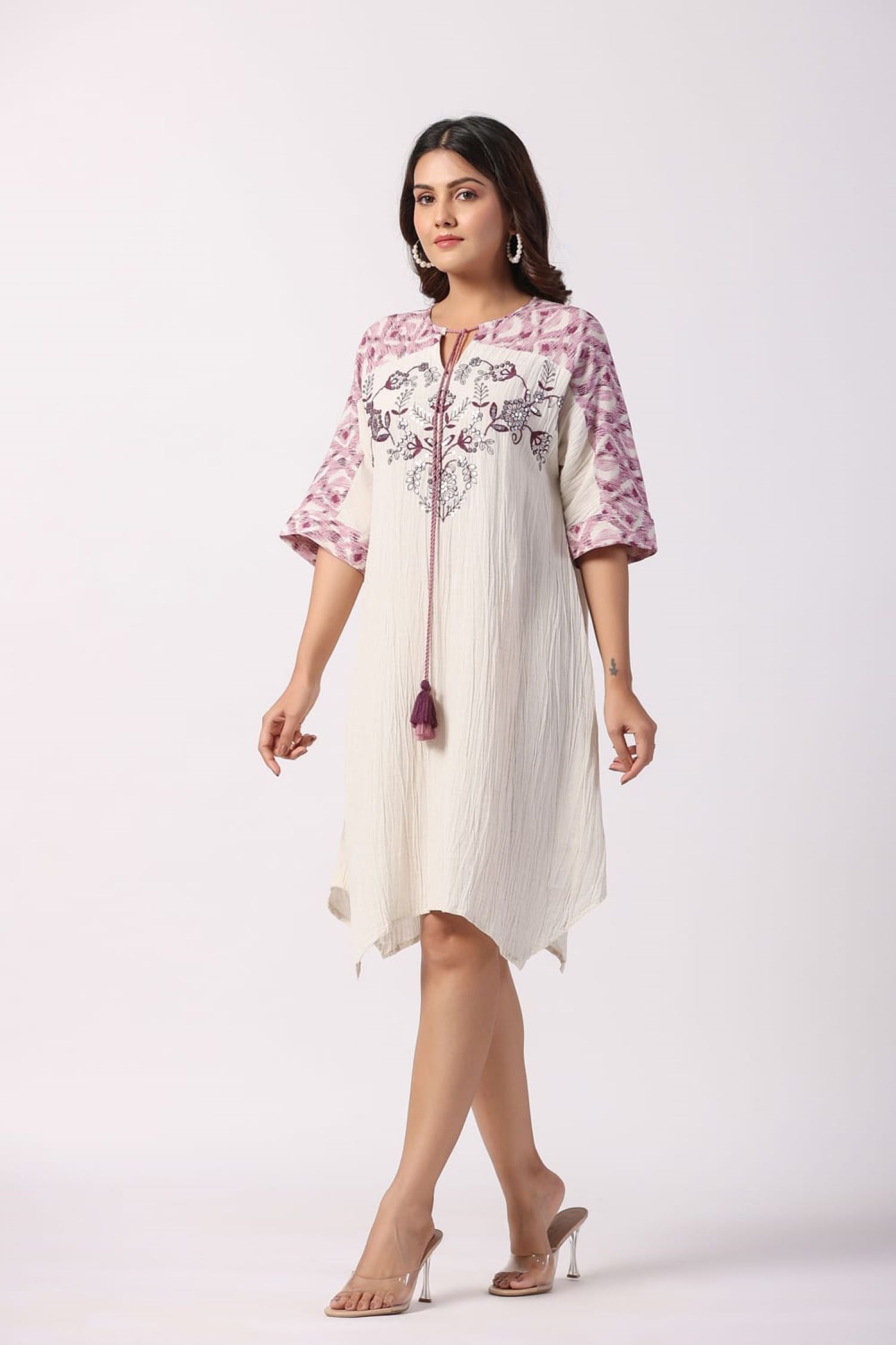 Boho Chic A-line Purple Embroidered Floral Short Tunic Dress image 2