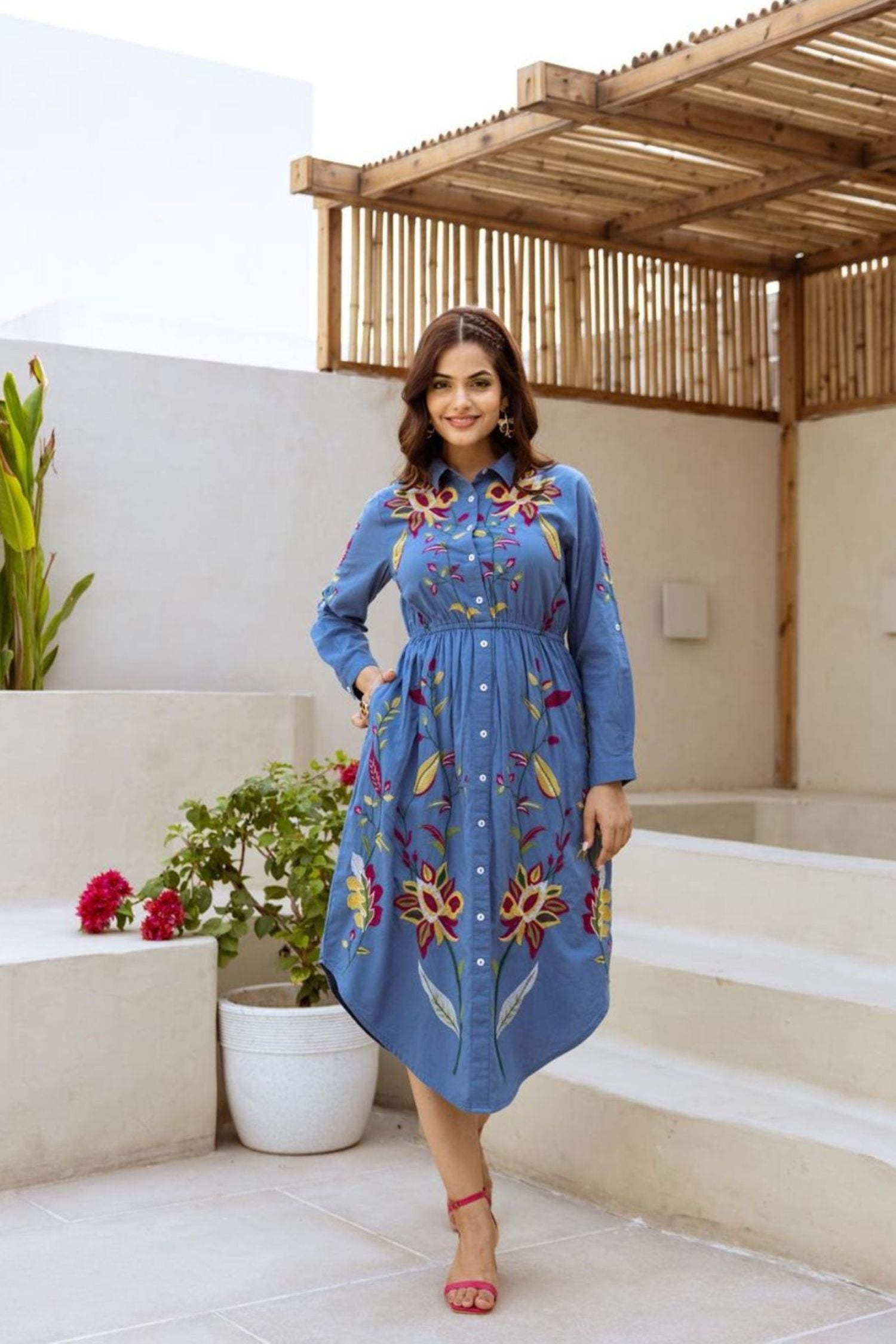 High Low Floral Embroidered Tunic Dress