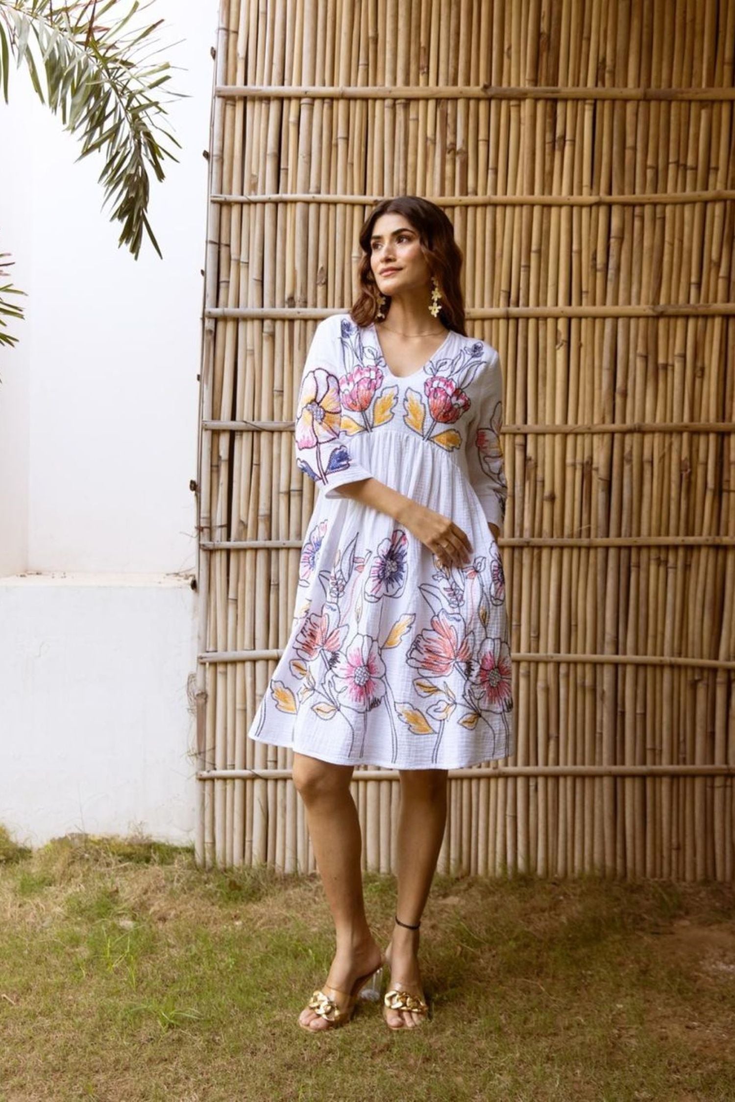 Chic Floral Embroidered Alia Cut White Tunic Dress