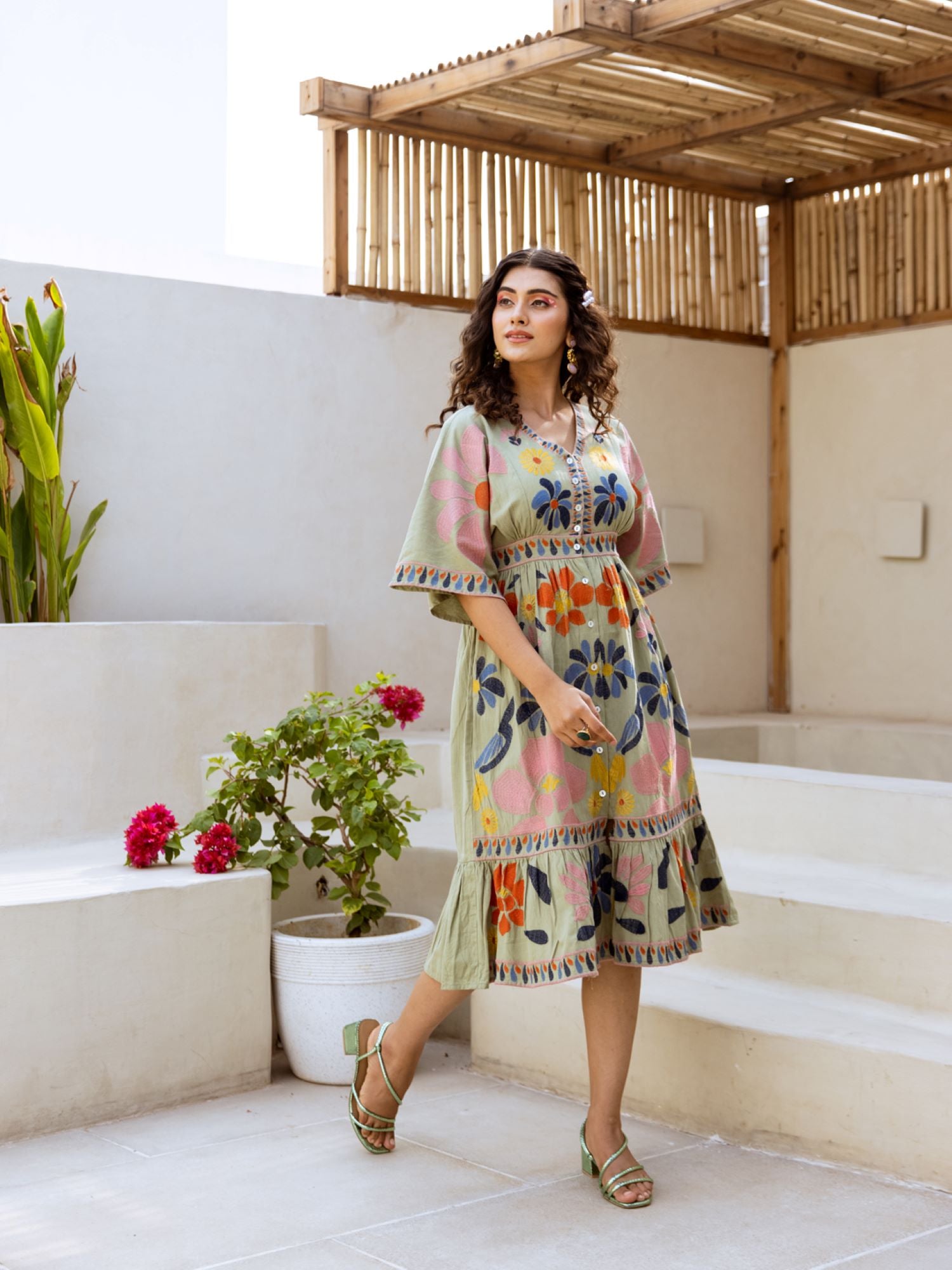 Bright Daisy Embroidered Cluster Green Tunic Dress