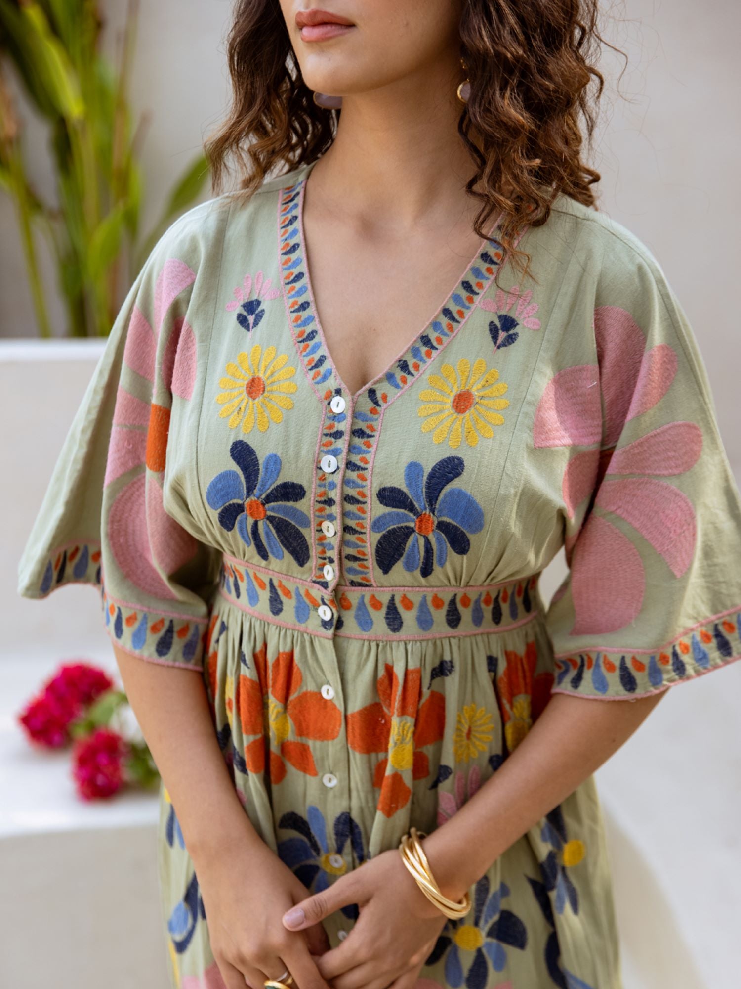 Bright Daisy Embroidered Cluster Green Tunic Dress image 3