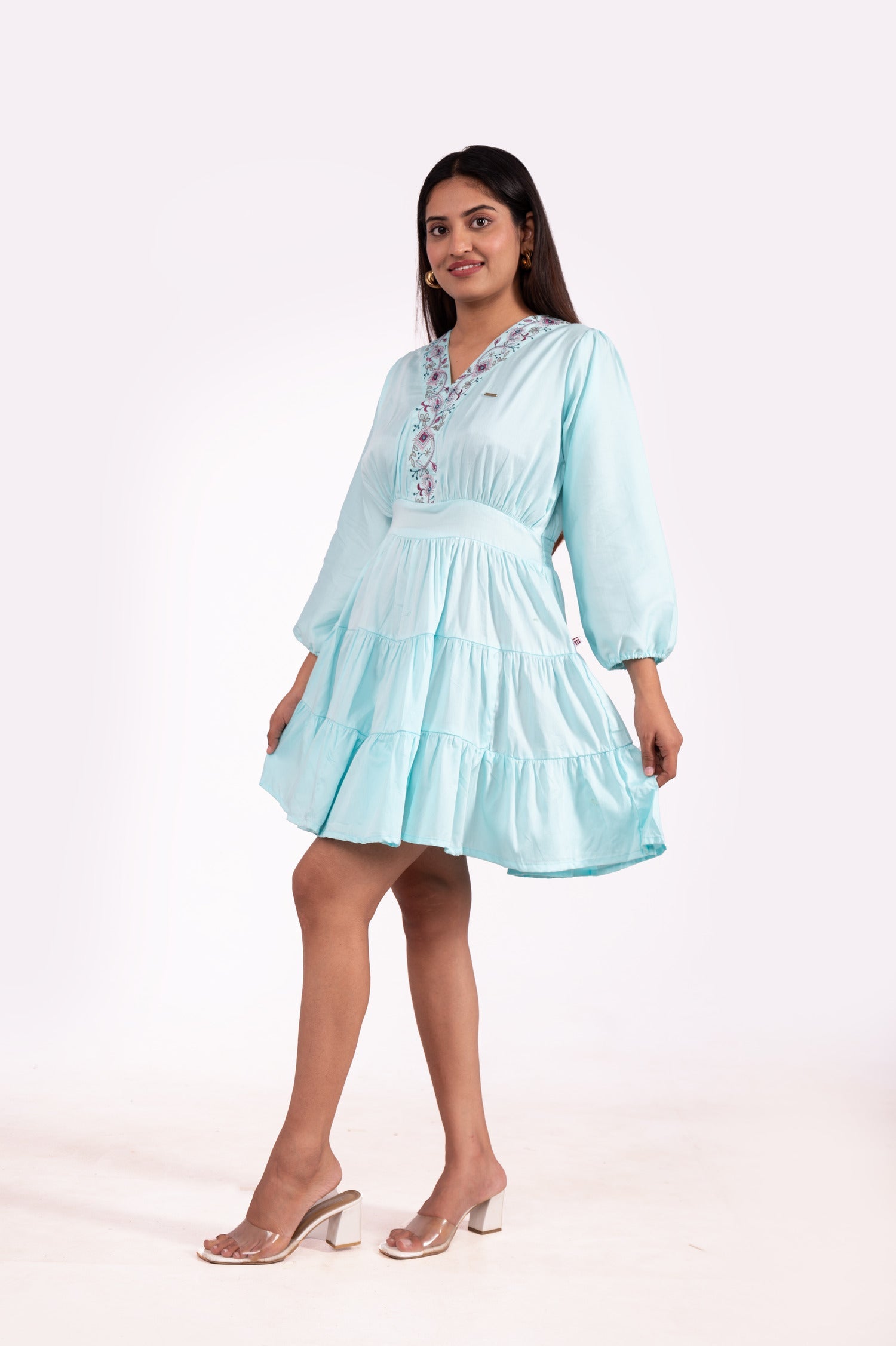 Gazi Silk V Neck Embroidered Tunics - Sea Green image 2