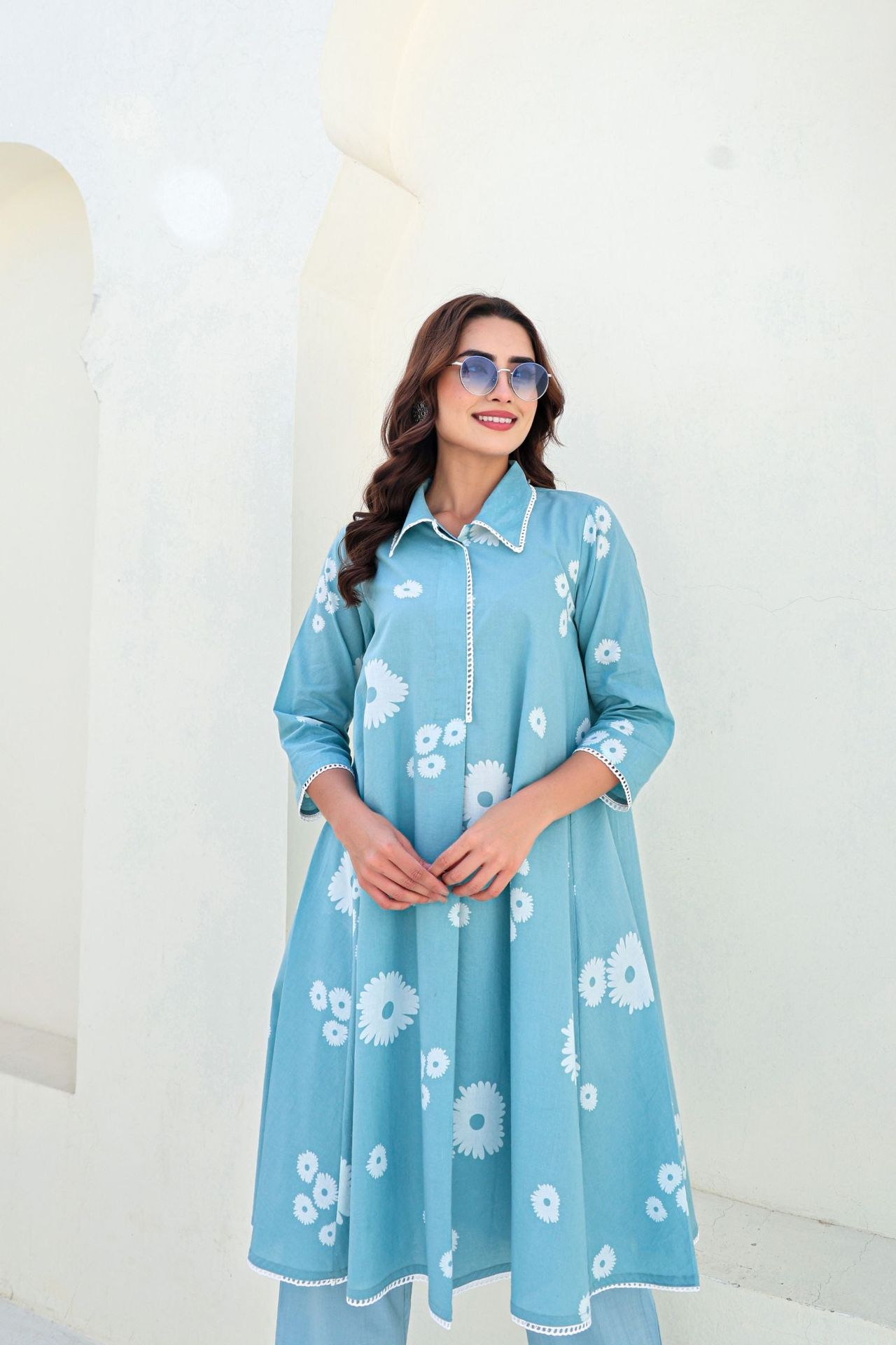 Chic Collar & Petal Print Blue Cord Set image 2