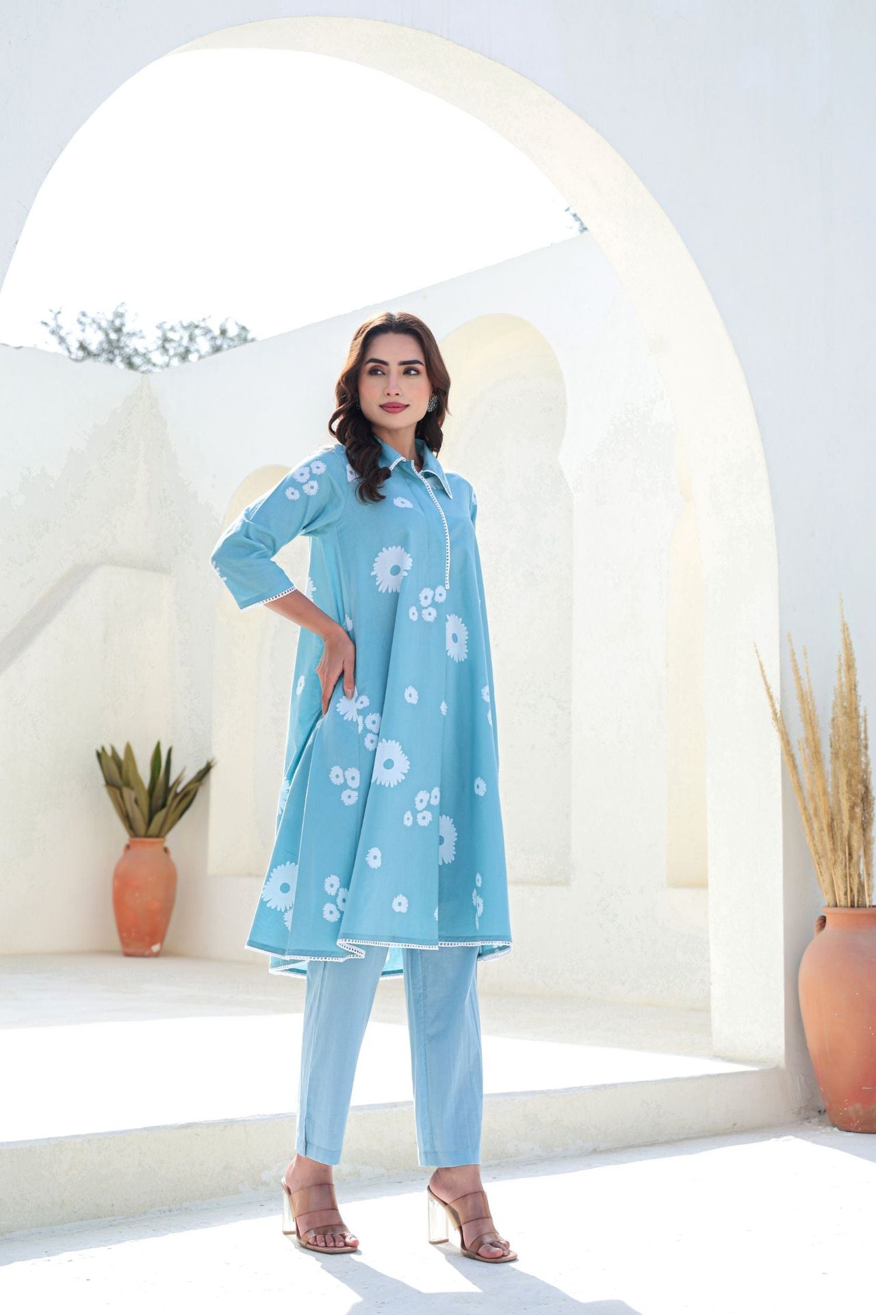 Chic Collar & Petal Print Blue Cord Set image 3