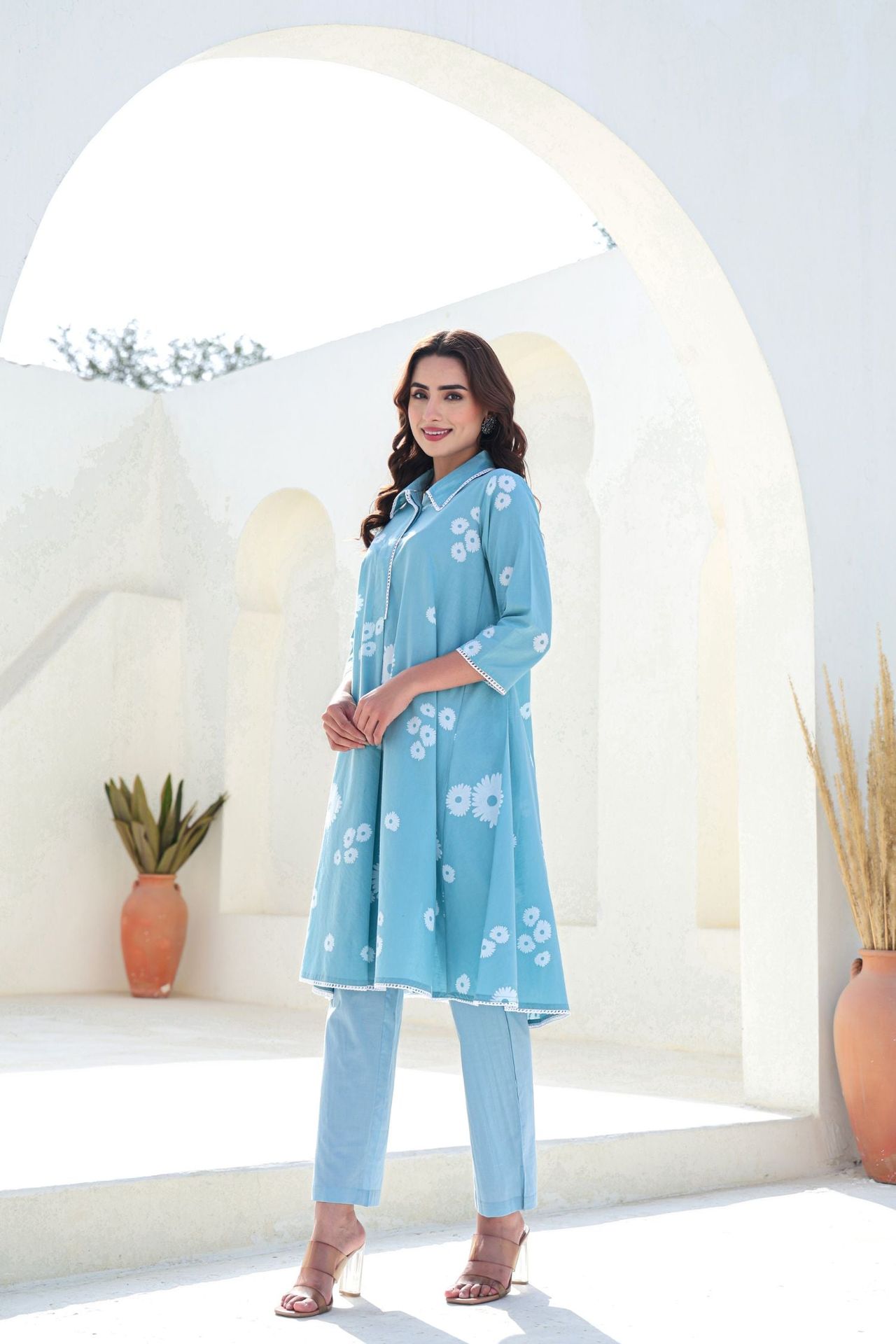 Chic Collar & Petal Print Blue Cord Set image 4