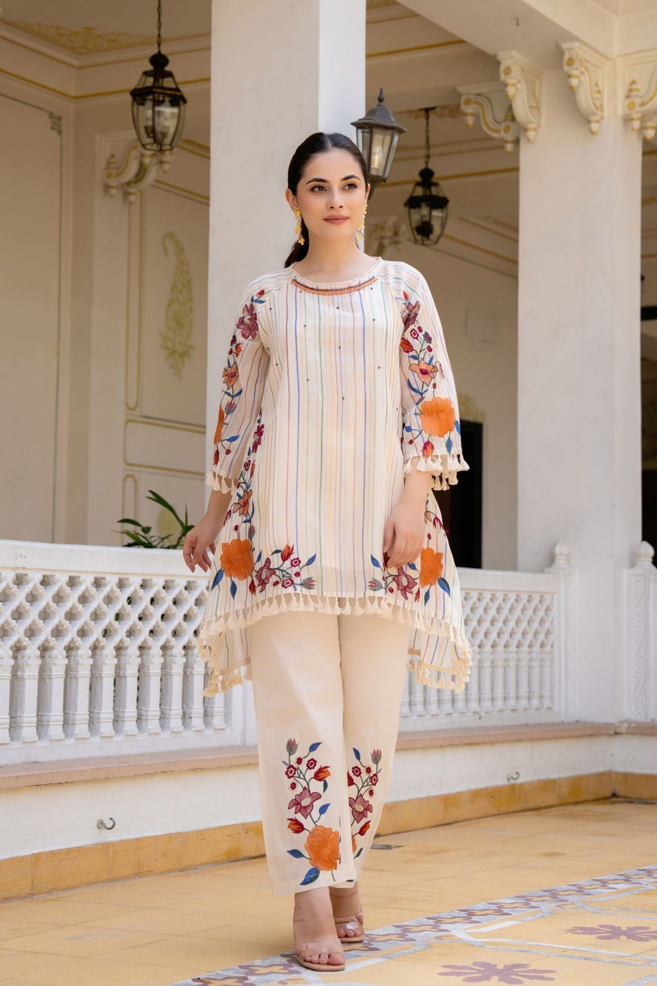 Cream Blossom Embroidered Cord Set