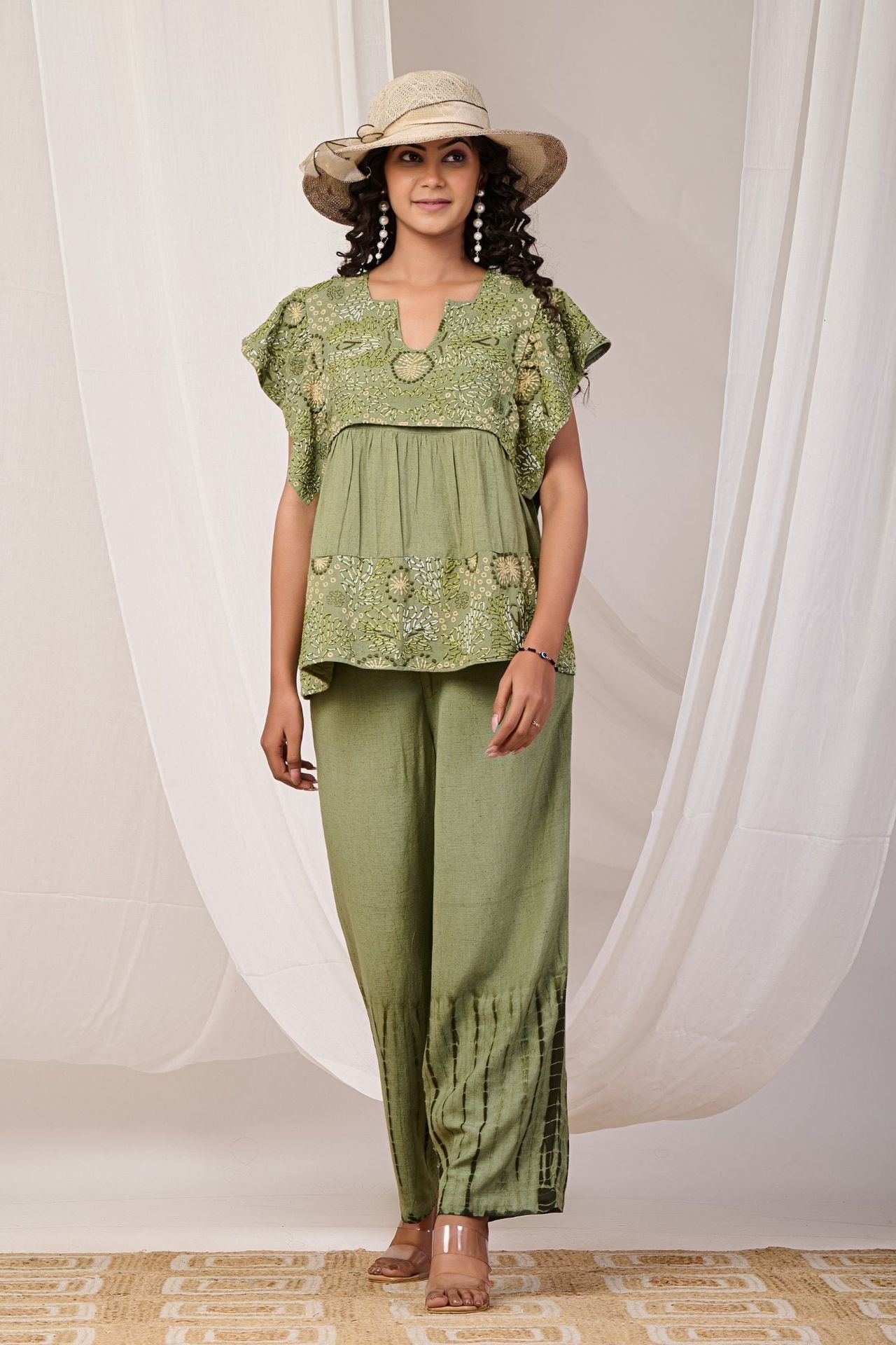 Emerald Elegance Embroidered Cord Set