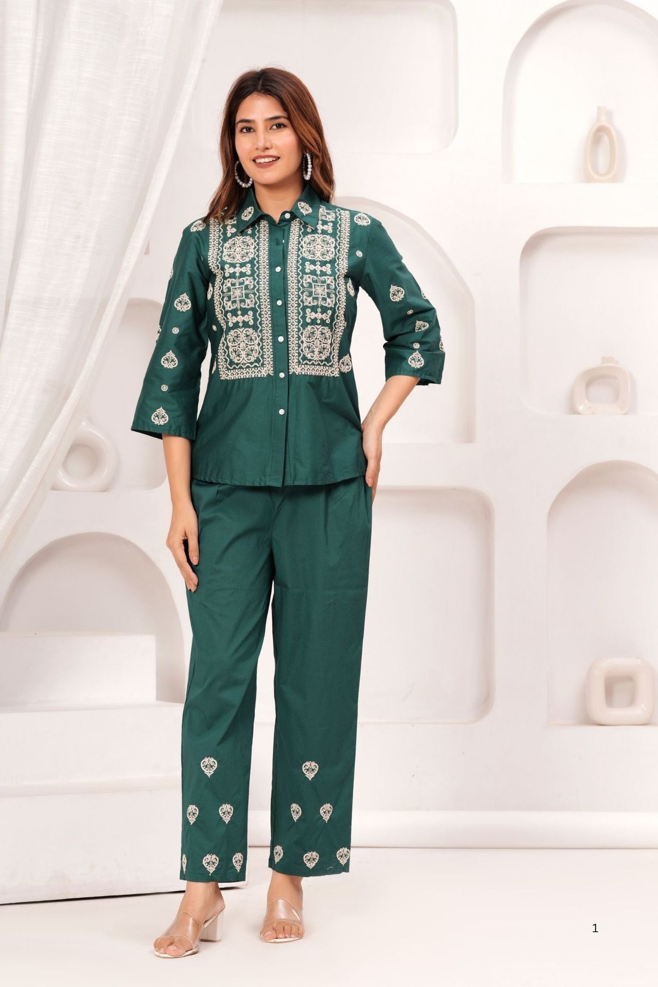 Elegant Green Co-ord Set With Beautiful Embroidery On Top & Pants