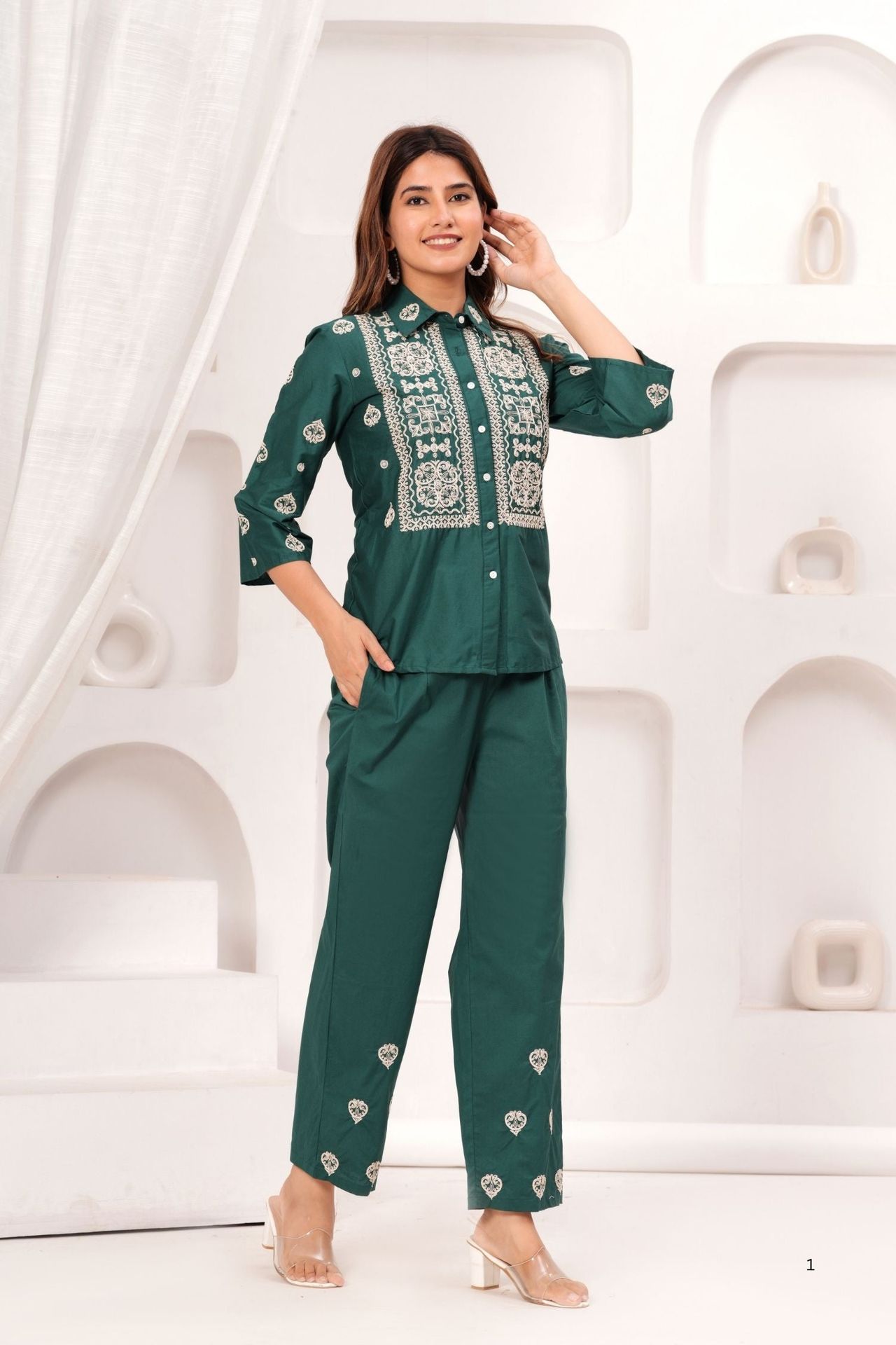 Elegant Green Co-ord Set With Beautiful Embroidery On Top & Pants image 2
