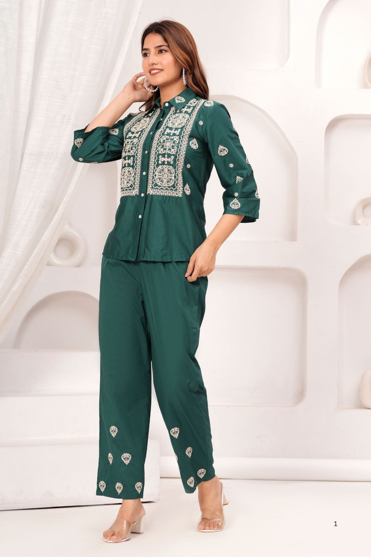 Elegant Green Co-ord Set With Beautiful Embroidery On Top & Pants image 3