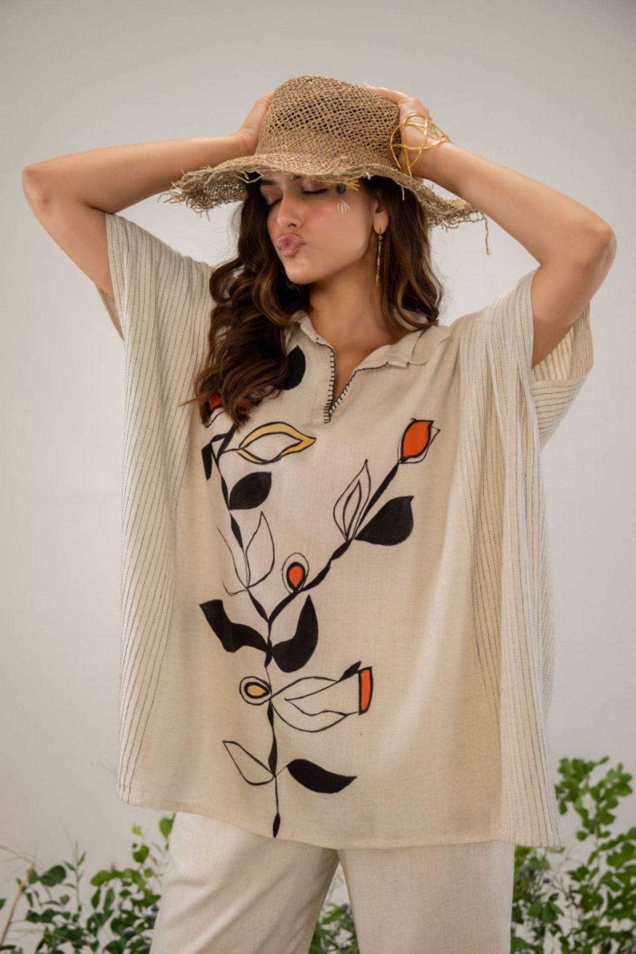 Cream Color Cord Set For Women - Trendy V-neck Two-piece Set With Minimalist Design image 2