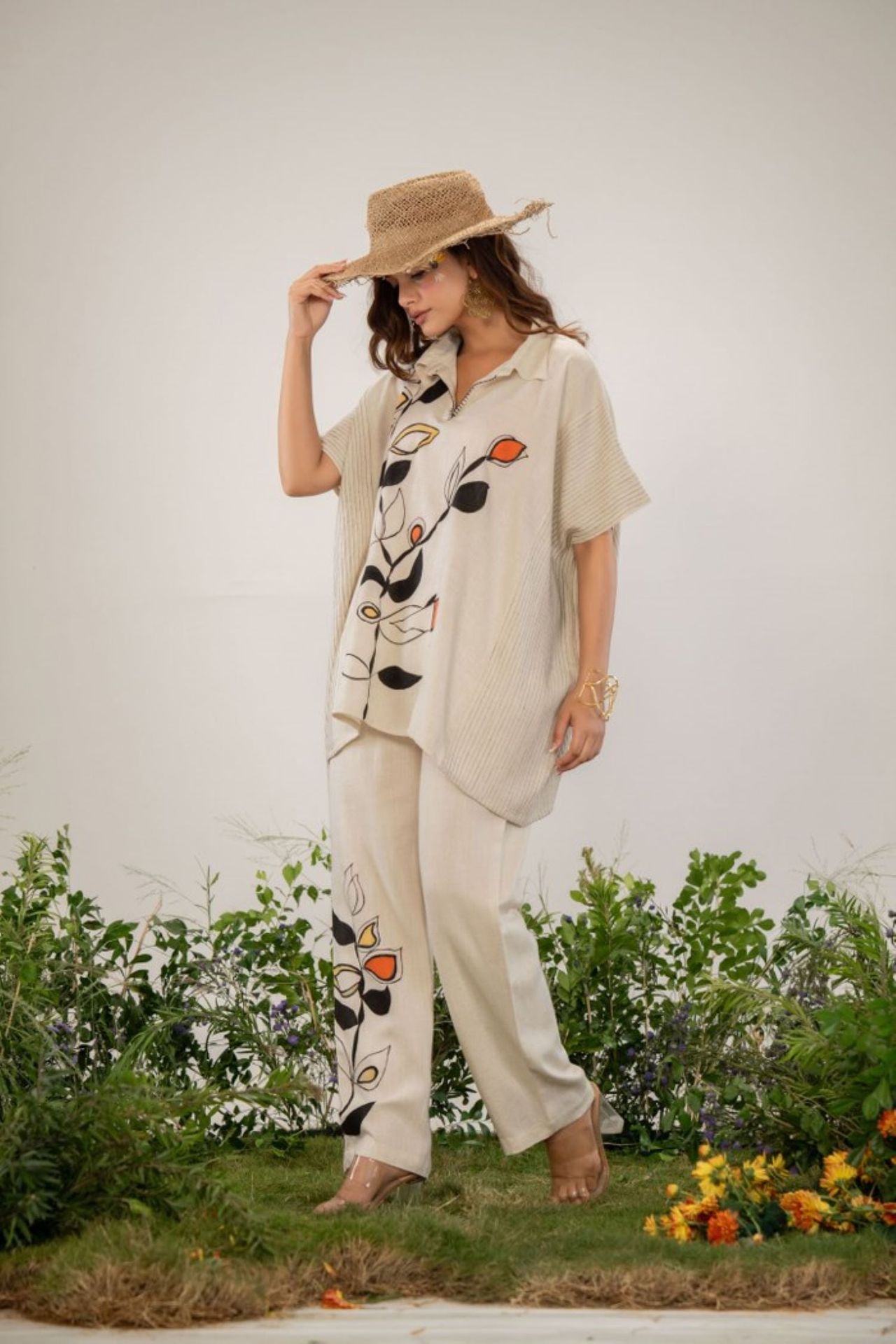 Cream Color Cord Set For Women - Trendy V-neck Two-piece Set With Minimalist Design image 3