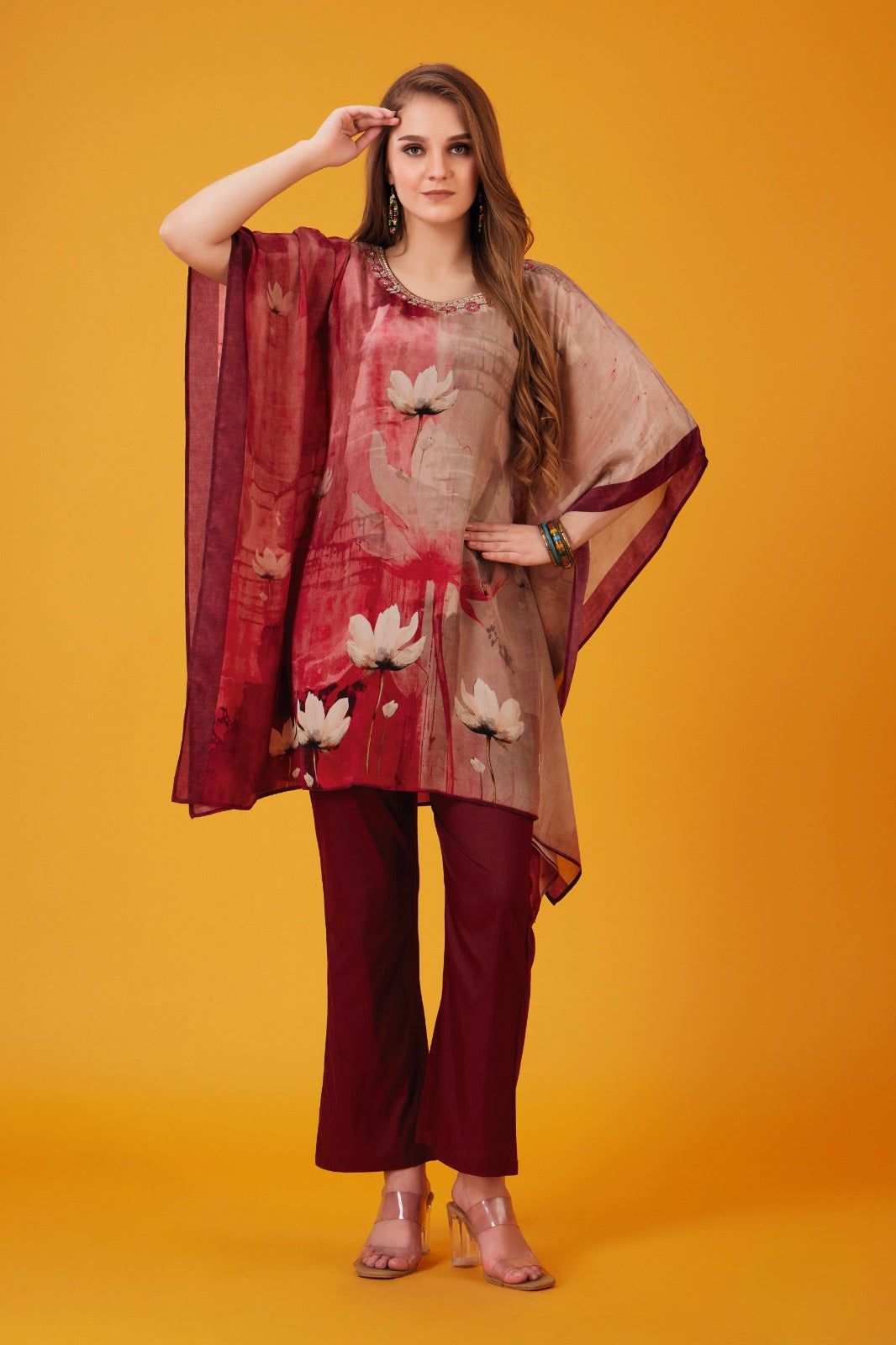 Mystic Maroon Embroidered Kaftan Cord Set