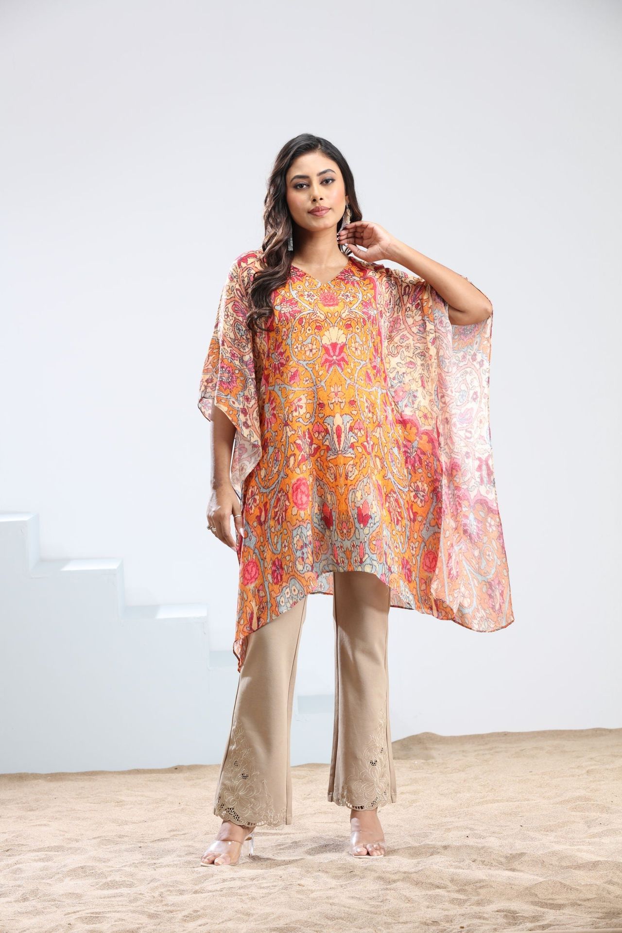 Orange Short Kaftan For Women - Stylish Floral Design Kaftan Top