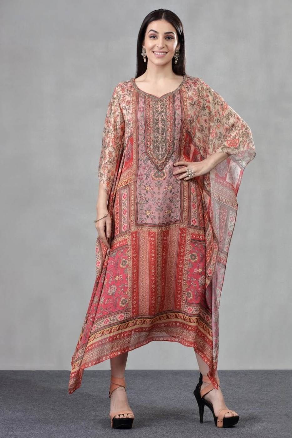 Posh Peach Hand Embroidered Long Kaftan