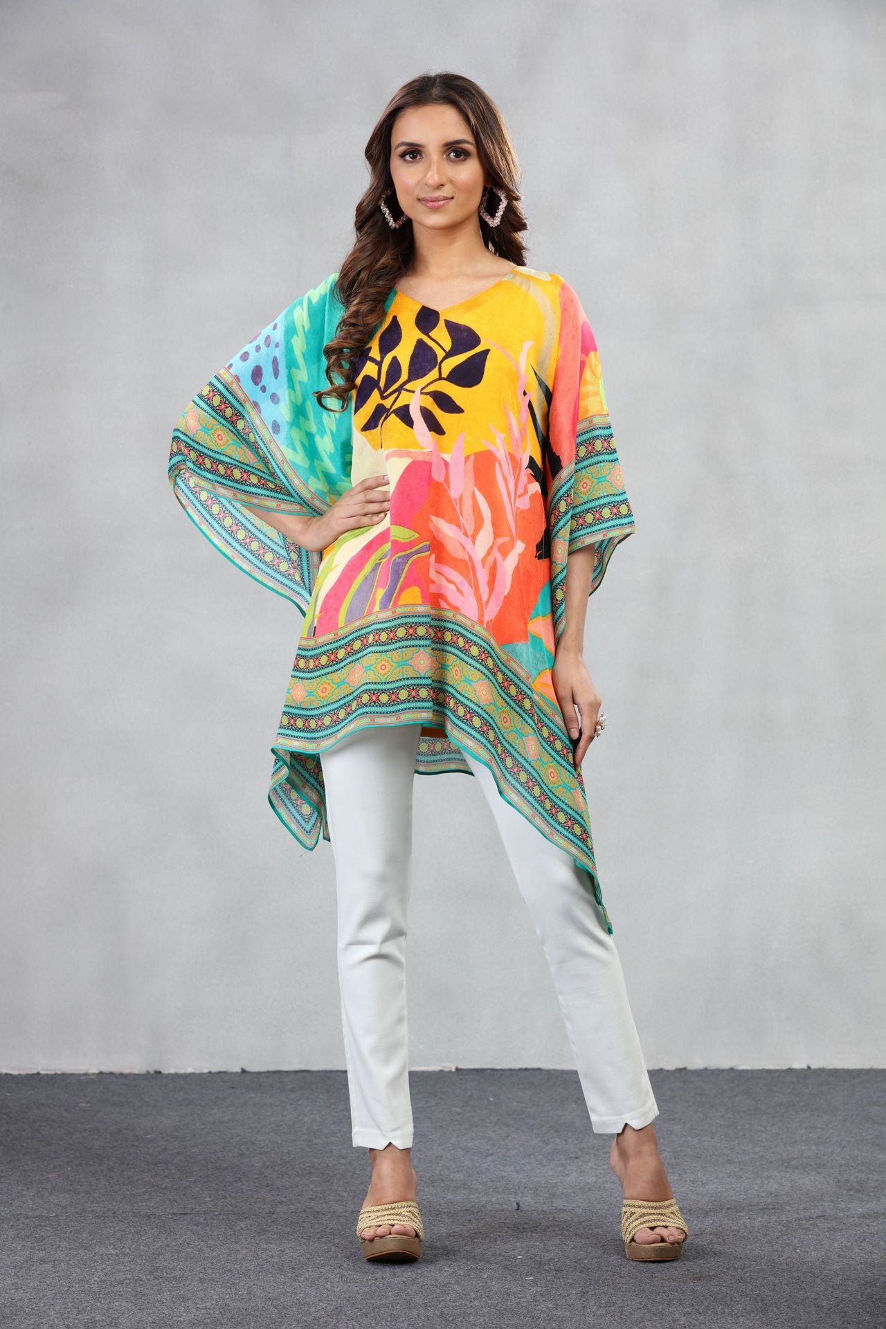 Viscose Chinon Floral Print Short Kaftan
