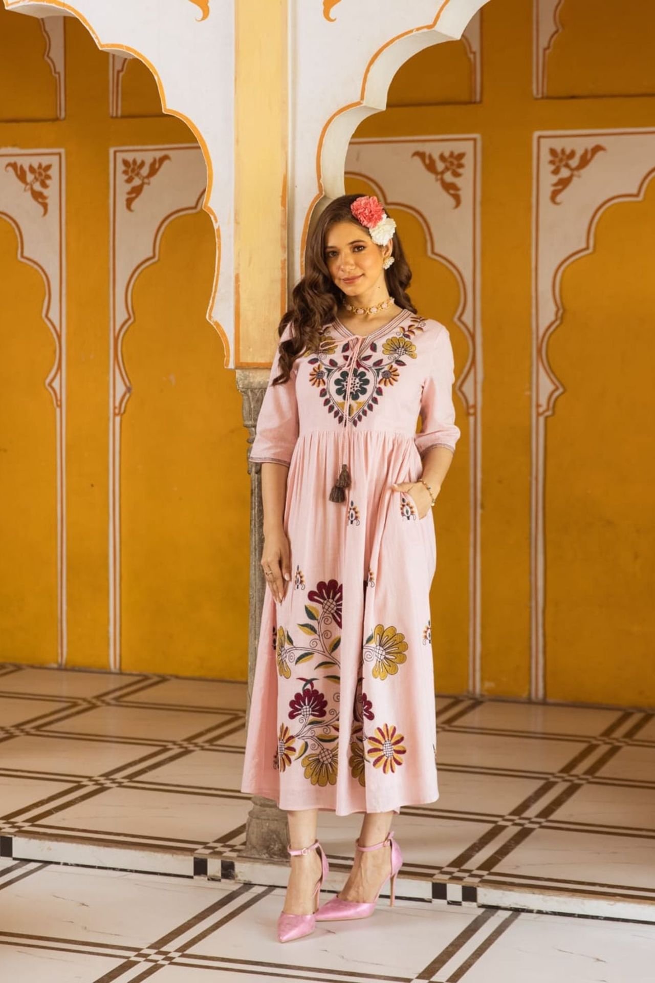 Long Dress With Neck Embroidery Work