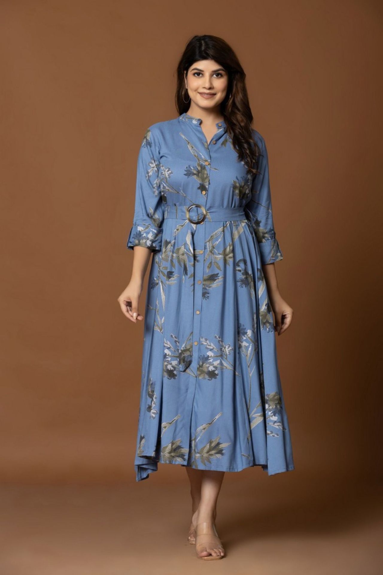 Long Blue Long Dress With Belt In Shirt Style