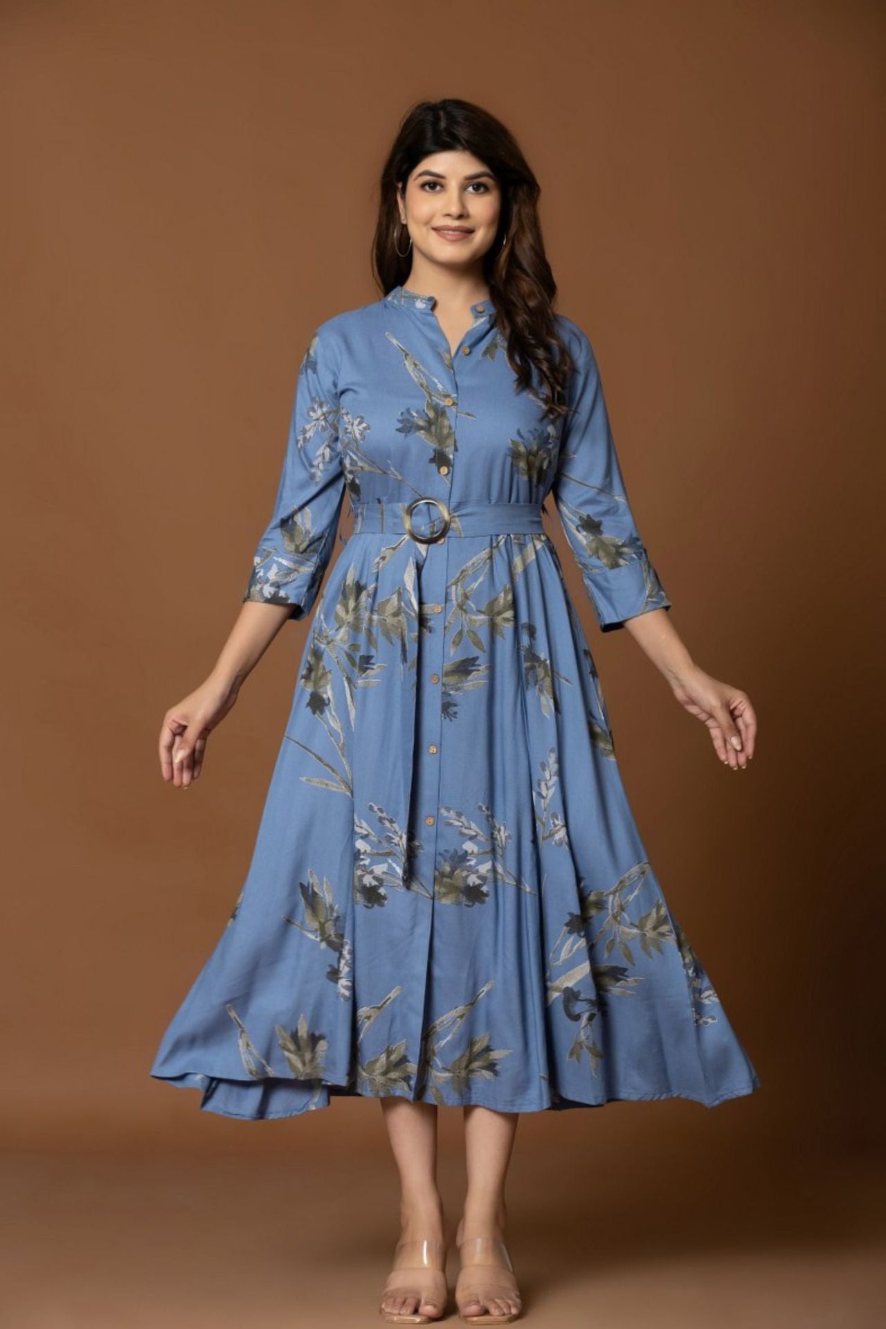 Long Blue Long Dress With Belt In Shirt Style image 3