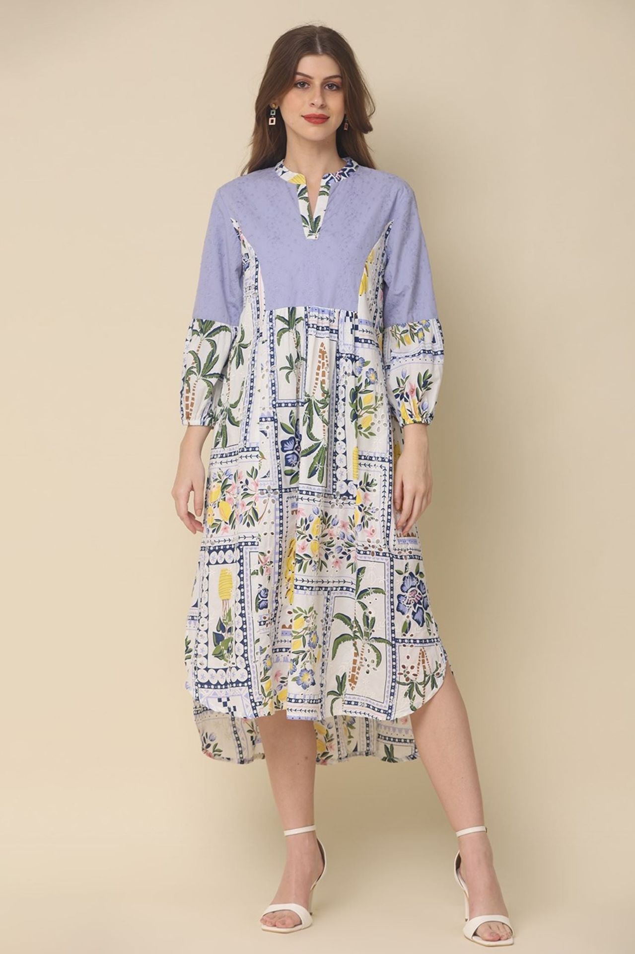 Off-white Cotton Dress With Printed Designs