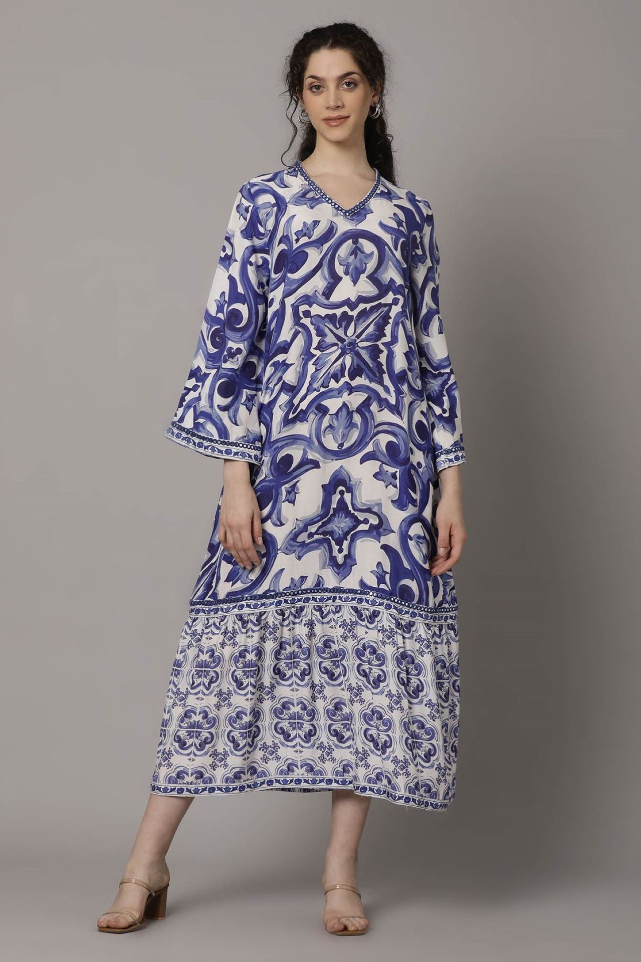 Blue Bloom Printed Long Sleeve Dress