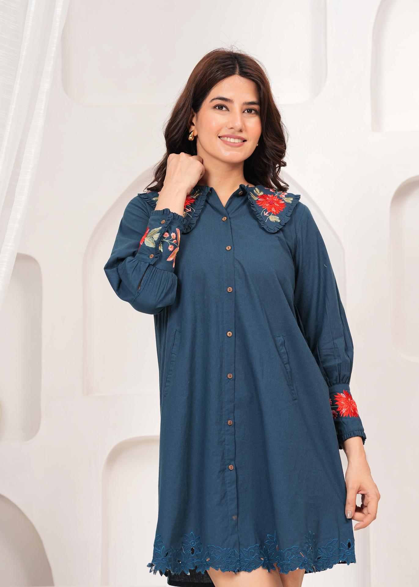 Freyaa Teal Tunic Dress With Floral Embroidery And Chic Collar image 3