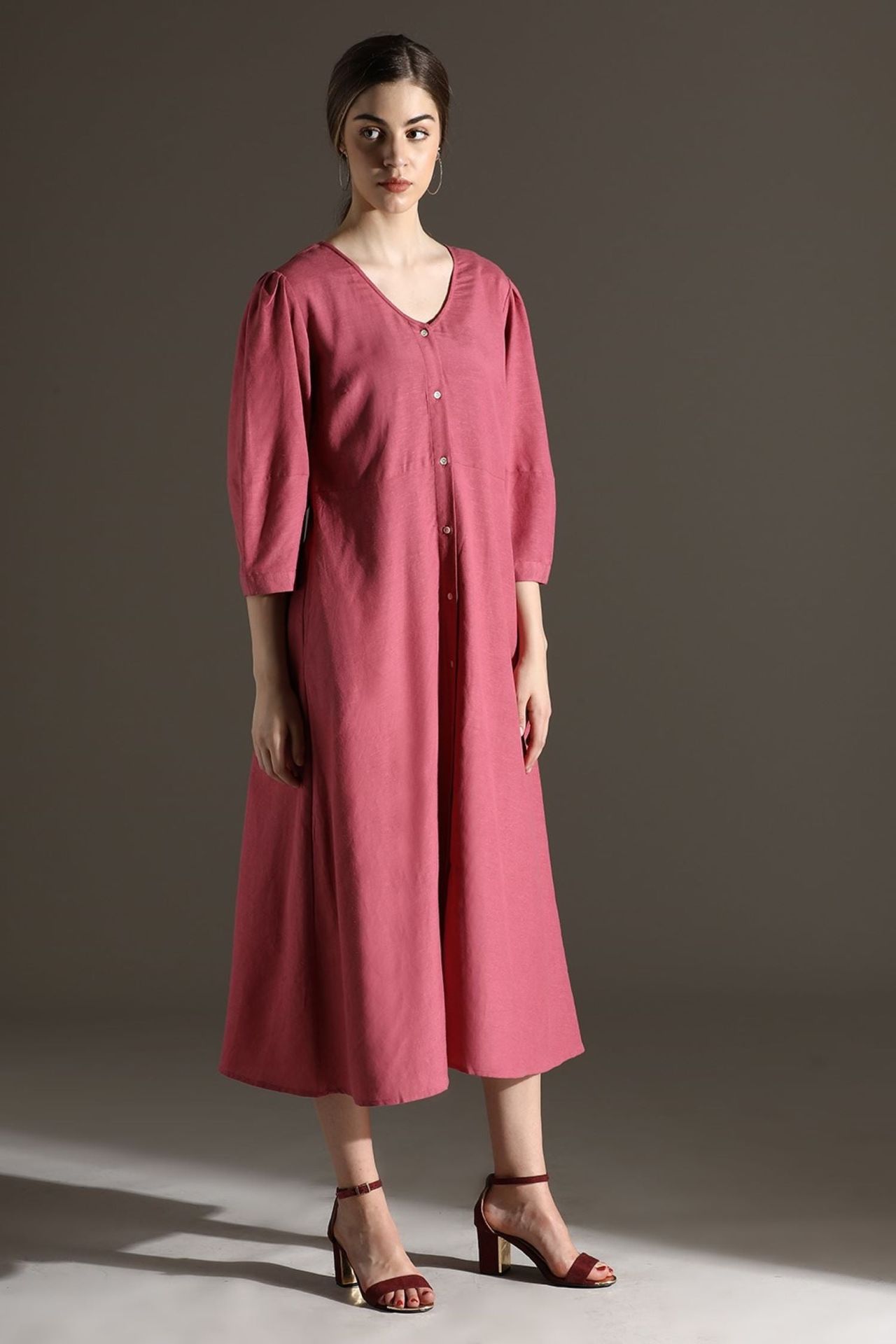 Graceful Pink Buttoned Midi Dress