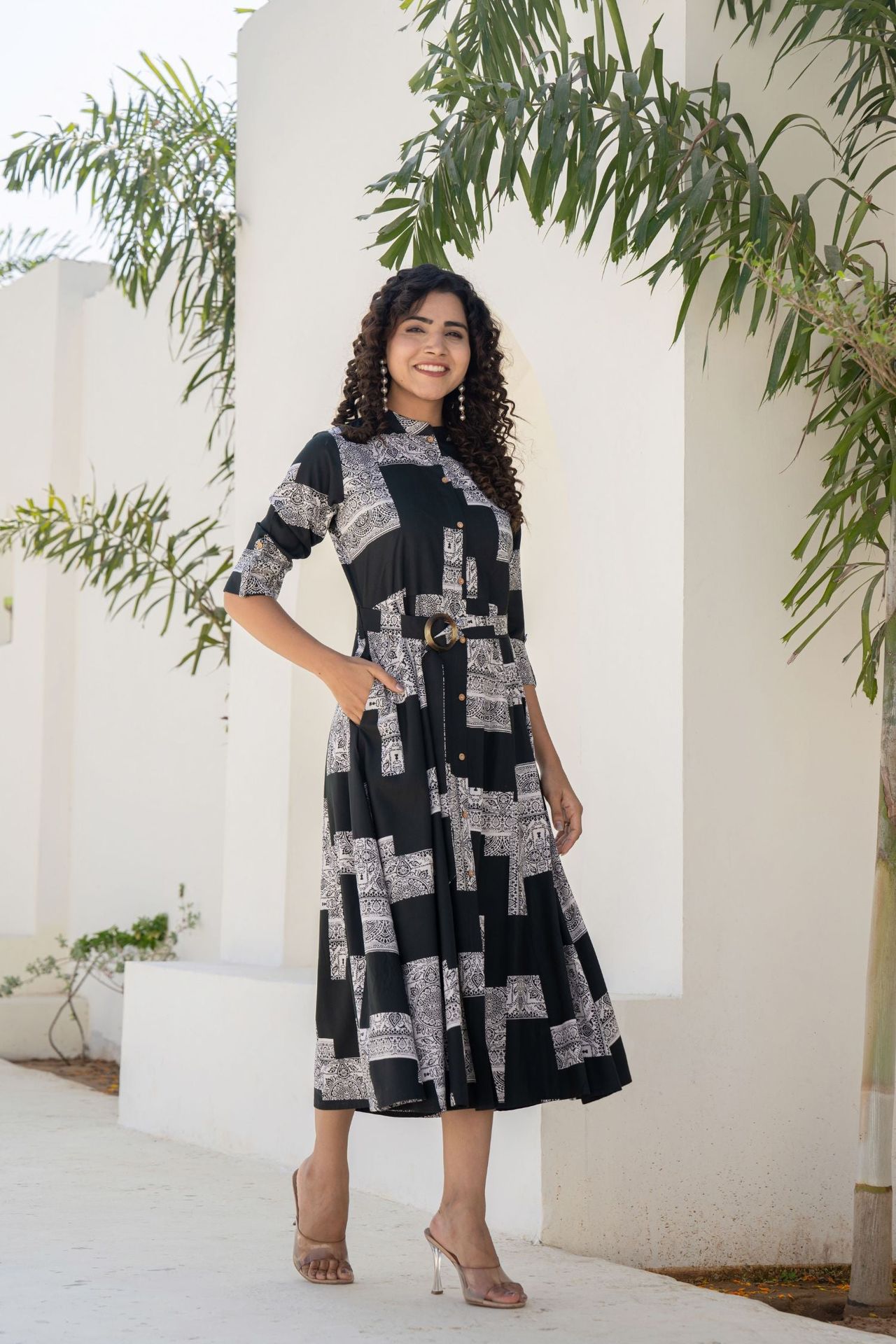 Olive Green Madarin Collar Patch Printed Midi Dress