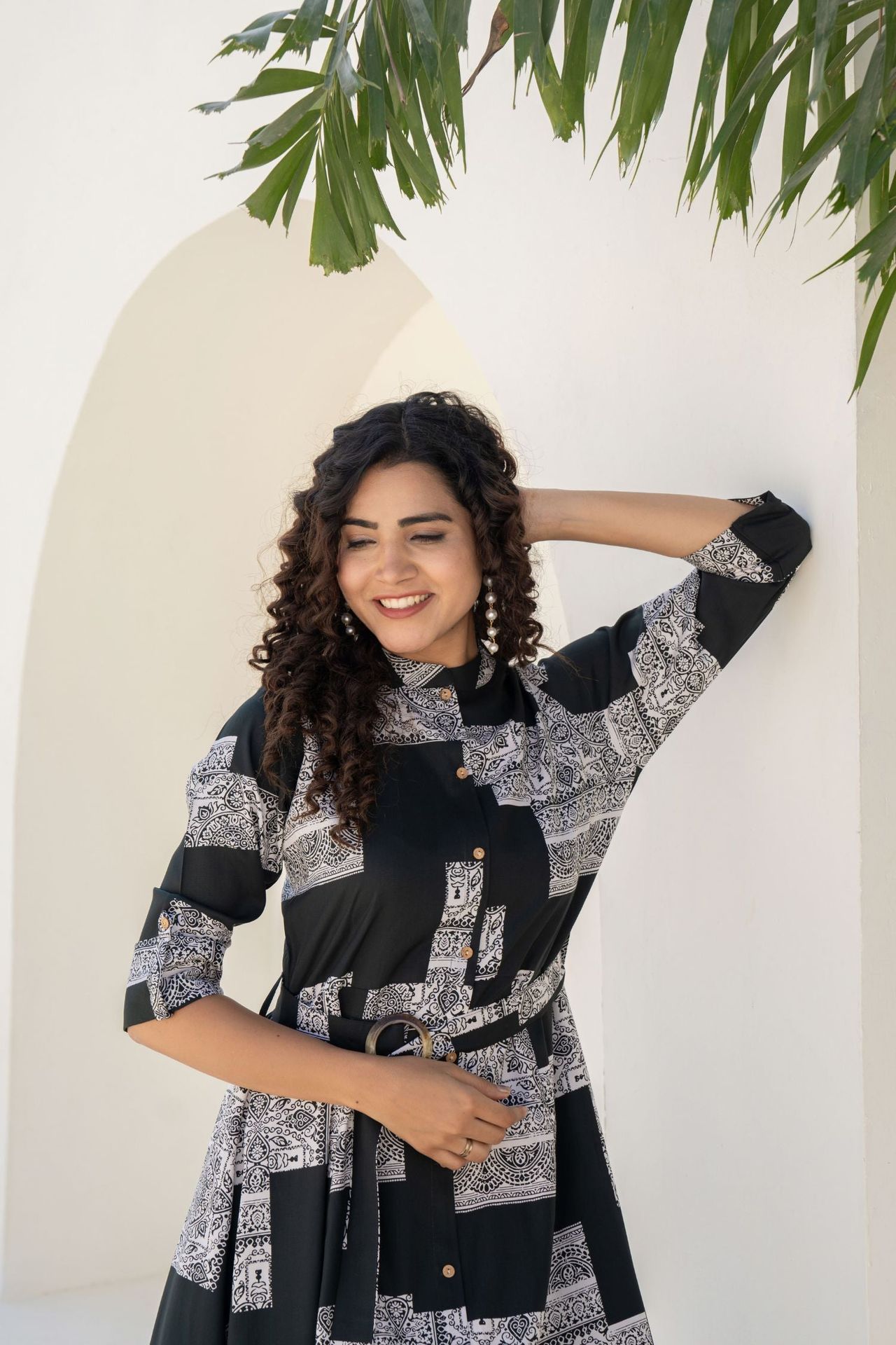Olive Green Madarin Collar Patch Printed Midi Dress image 3
