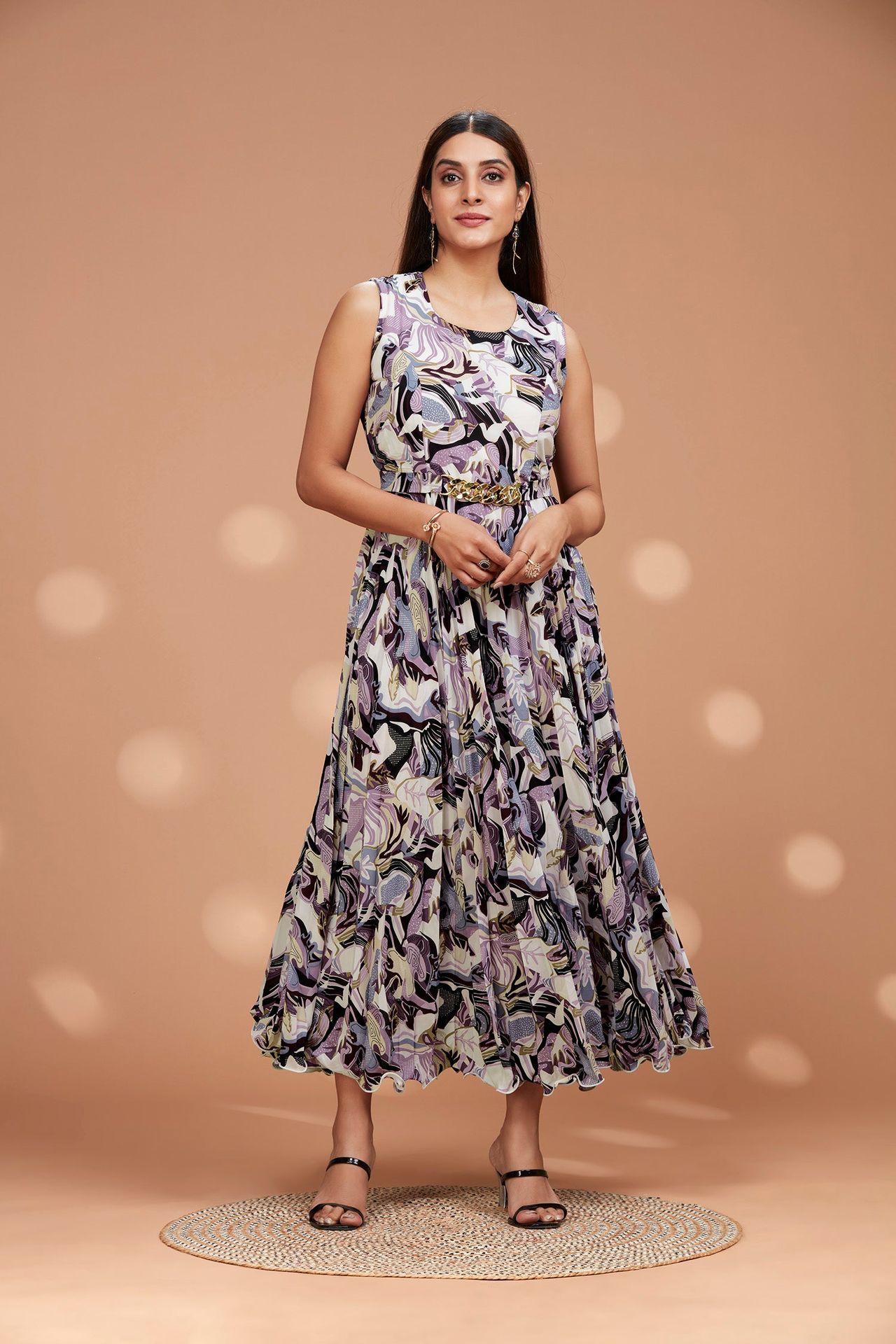 Pleated Sleeveless Gown With Metal Waist Belt