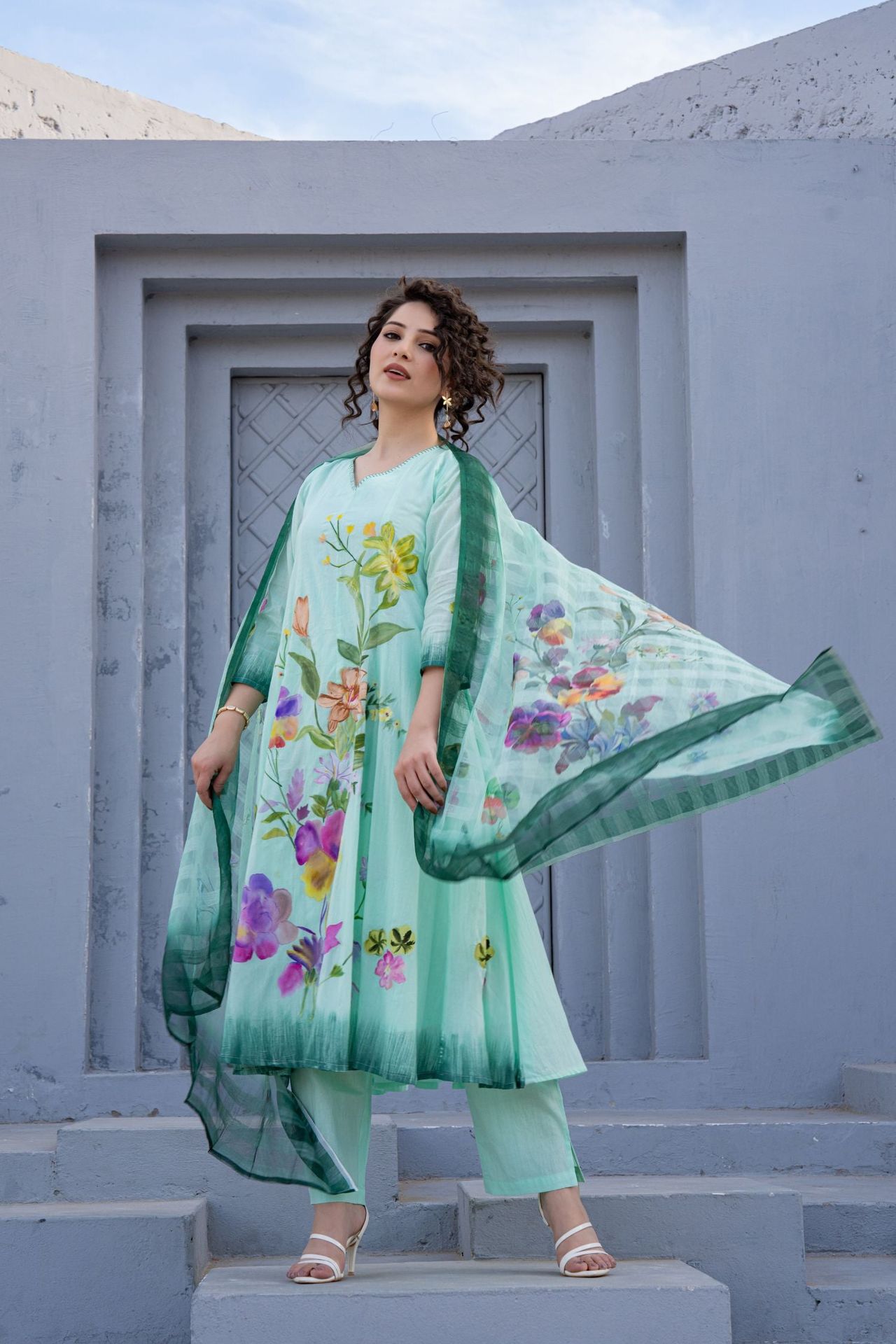 Green Petal Print Dupatta Set image 2