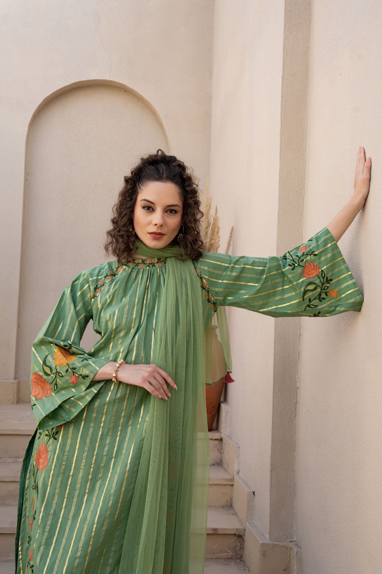 Three-piece Suit With Intricate Floral Embroidery In Pista Green Color image 3