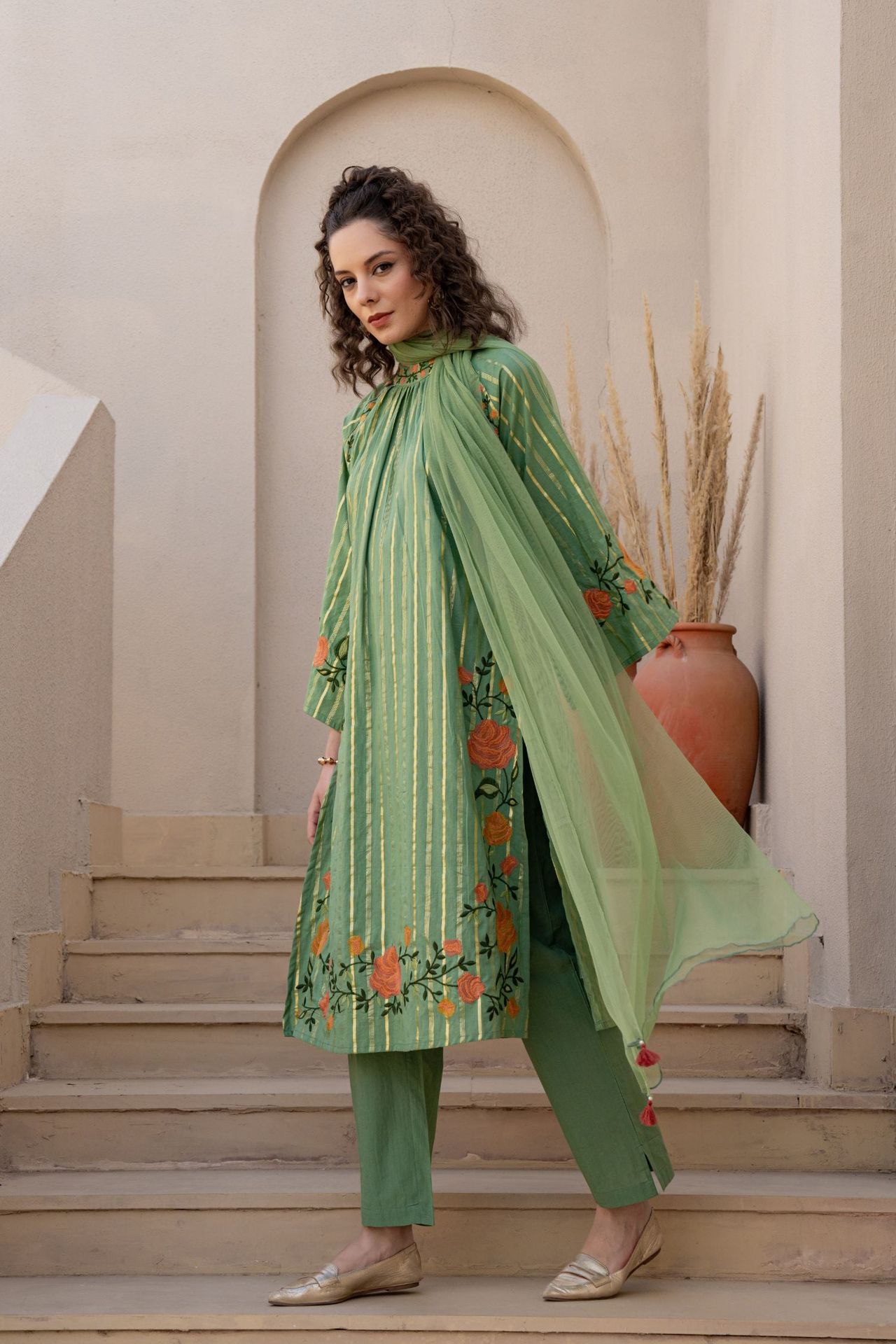 Three-piece Suit With Intricate Floral Embroidery In Pista Green Color image 4