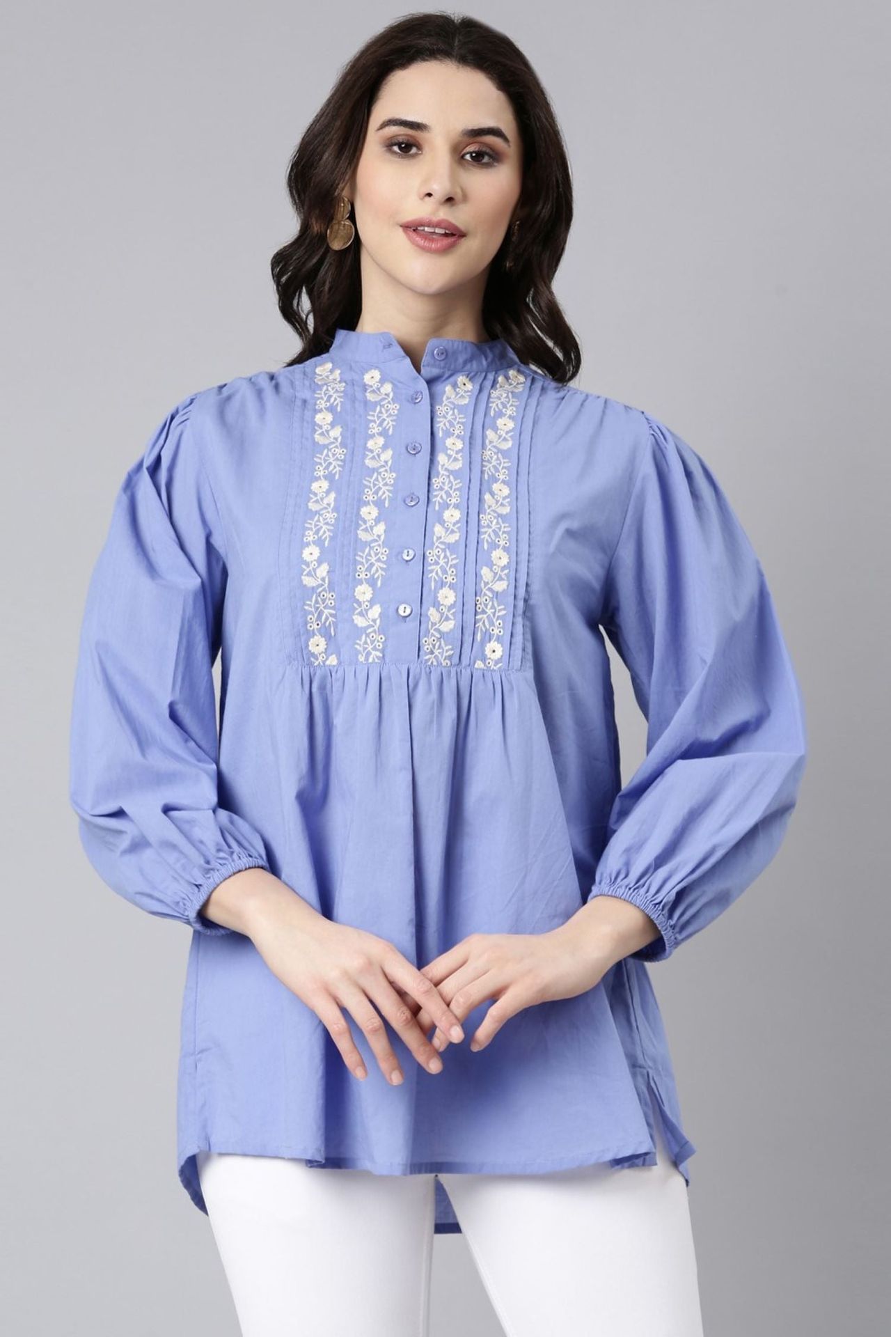 Blue Breeze Embroidered Cotton Top With Elegant Neck