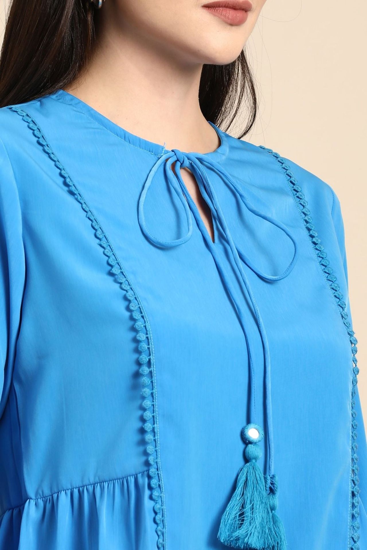 Coastal Blue Cotton Top With Rope Tie Neck