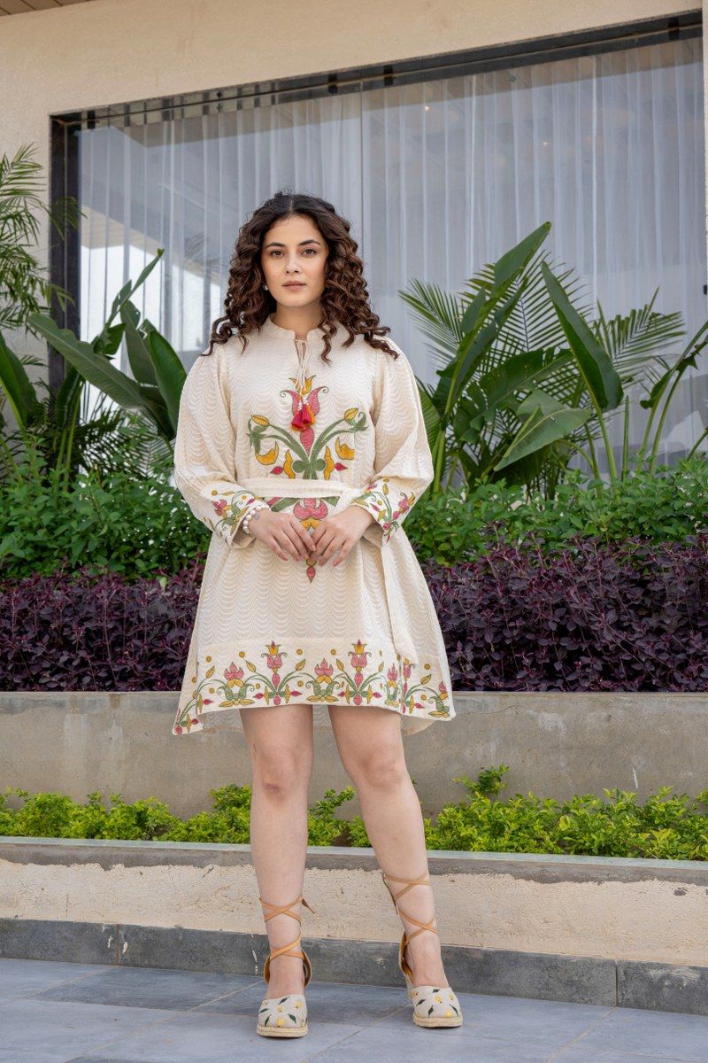 Off-white Tunic With Floral Handwork & Belt