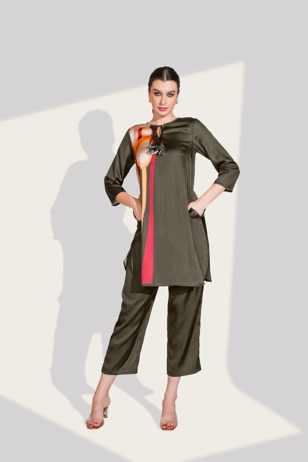 Black Cord Set With Side Print & Short Bottom